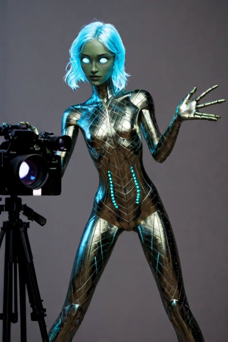 A close-up shot of Life Form 8472, a peculiar being with iridescent blue-green skin and six long, slender limbs. The camera captures the intricate patterns on its torso as it poses on a metallic, cylindrical platform, surrounded by a dimly lit, sterile environment. The only light source is a faint blue glow emanating from the background, casting an ethereal ambiance.