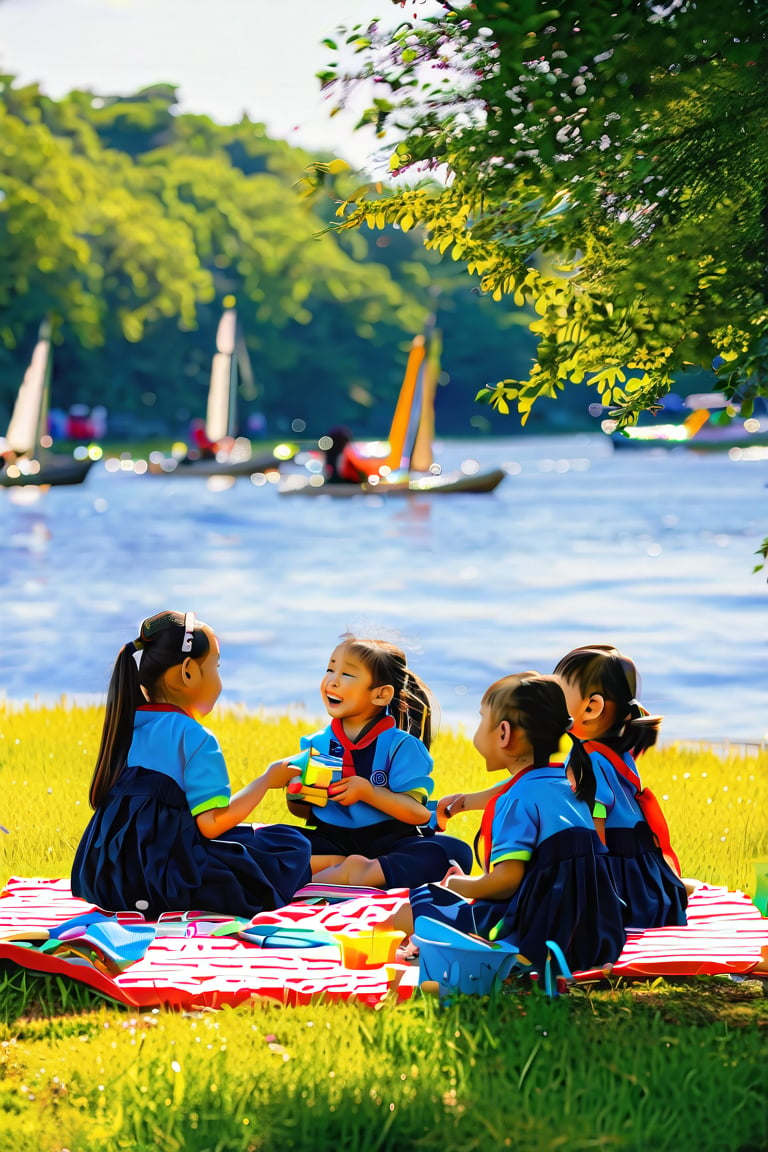 A serene lakeside scene: a group of beautiful schoolgirls sit on a blanket, laughing and chatting as they enjoy their lunch. The warm sunlight casts a gentle glow on their smiling faces, while the surrounding trees provide a lush green backdrop. A few sailboats dot the calm lake water, creating a sense of tranquility.