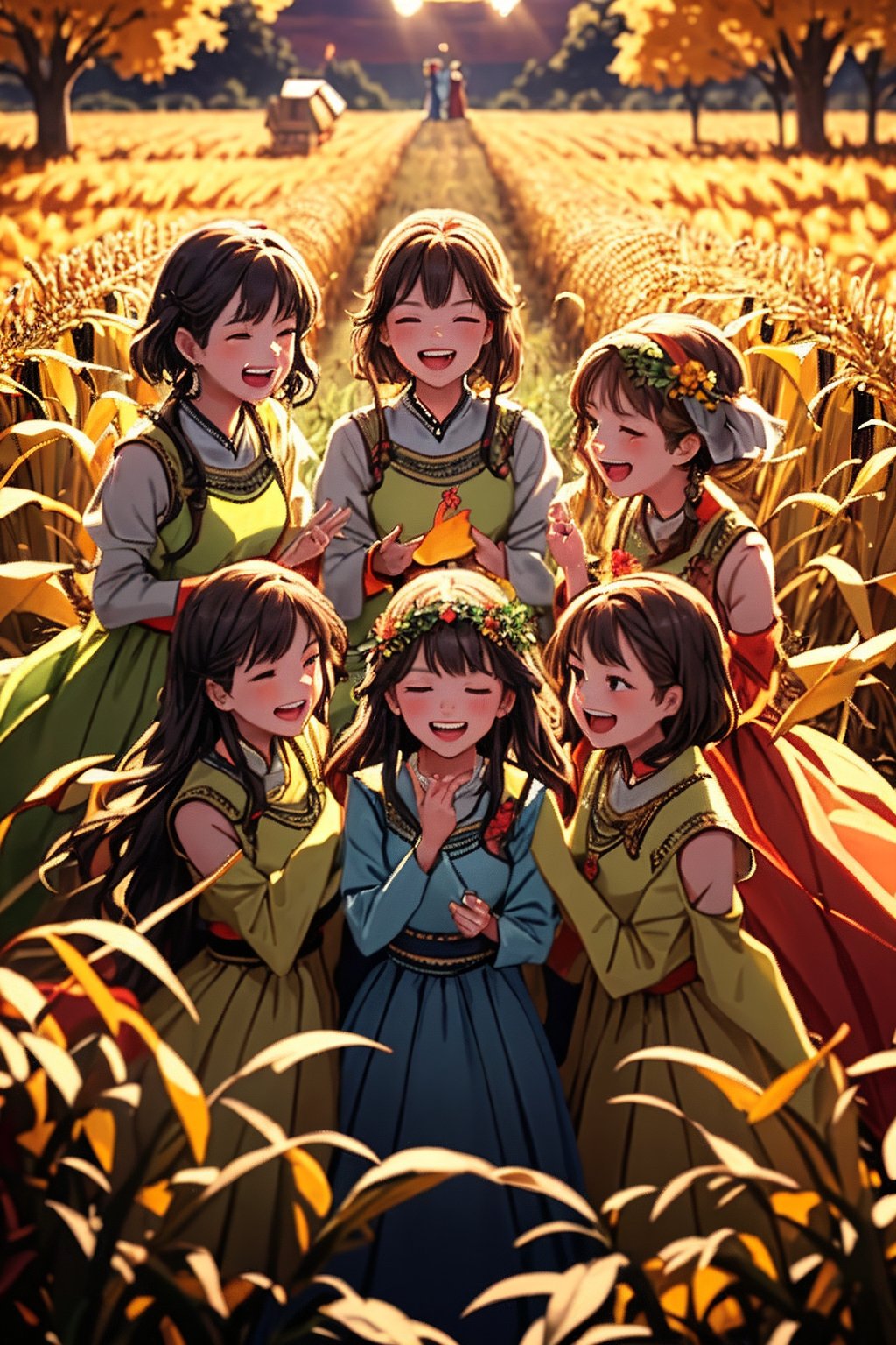 A vibrant 3D cartoon scene unfolds: a group of singing girls, dressed in flowing harvest-inspired costumes, gather around a majestic harvest moon. Softly glowing golden light illuminates their joyful faces as they harmonize amidst a backdrop of swaying corn stalks and autumnal trees. The camera frames the scene from above, capturing the girls' lively performance and the serene lunar presence.