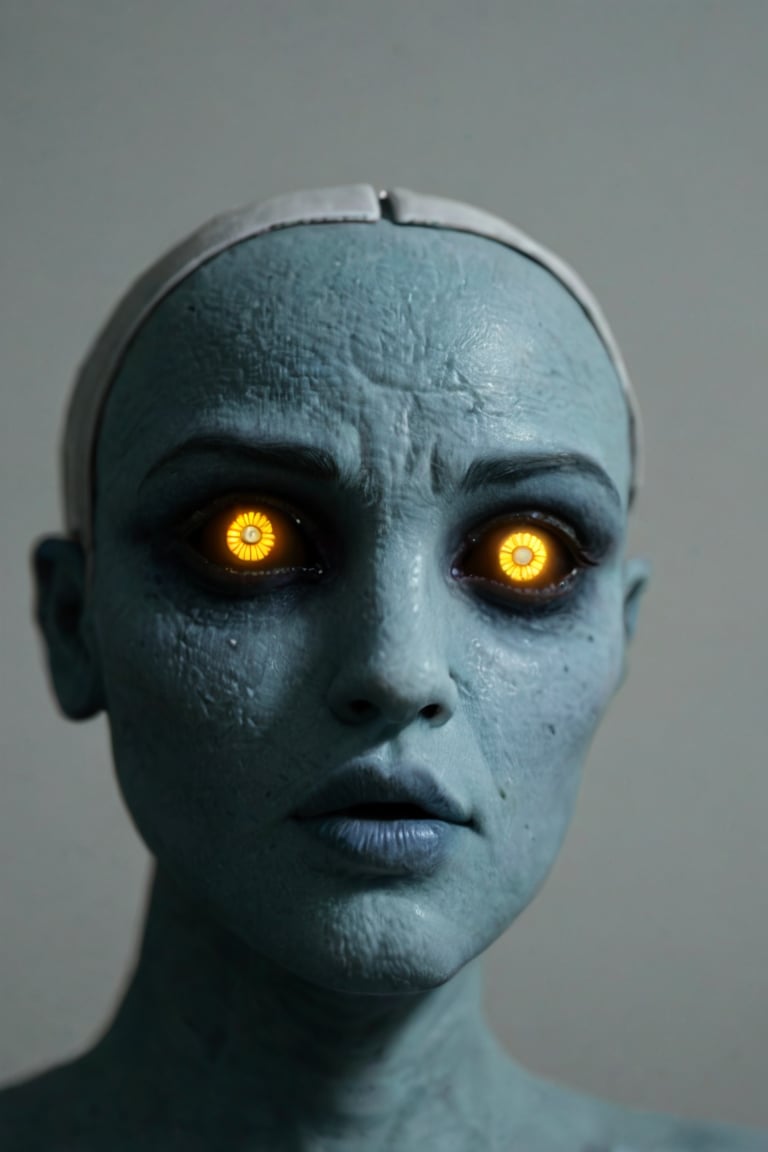 A close-up shot of Lifeform 8472's enigmatic face, its pale blue skin glistening with an otherworldly sheen. The camera frames the creature's eyes, two black orbs that seem to hold a deep wisdom. Soft, diffused lighting casts an eerie glow on the alien's features, as if illuminated from within. In the background, the sterile white walls of the Starfleet ship's medical bay fade into darkness, emphasizing the mystery and danger emanating from this extraterrestrial visitor.