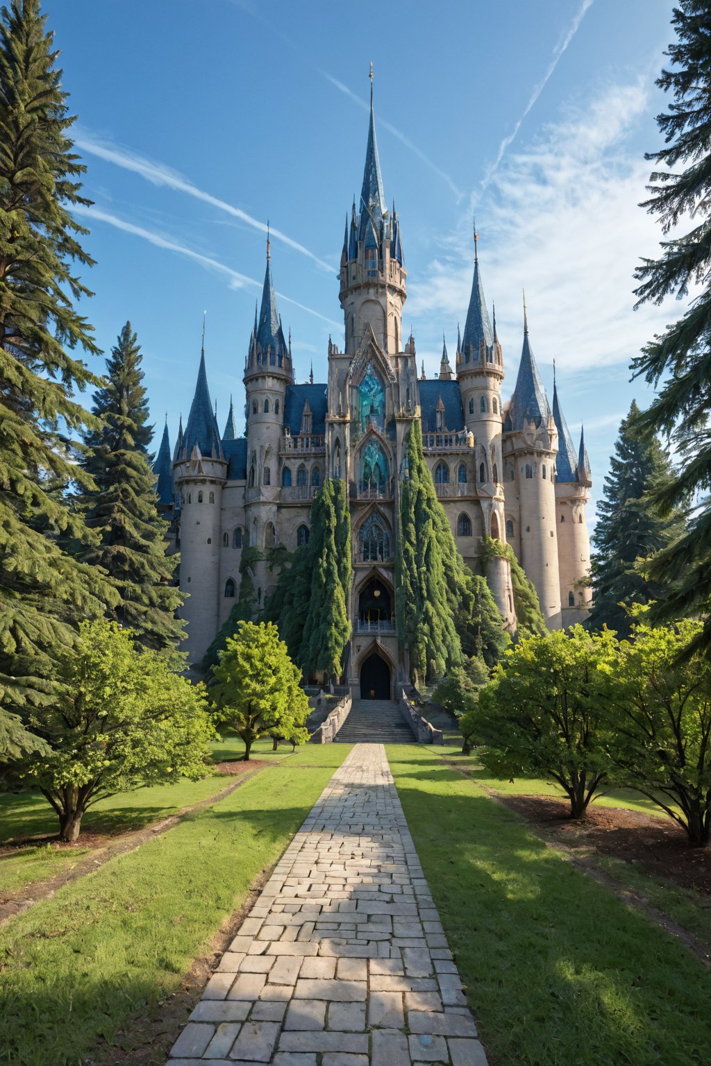 A majestic dream castle rises from a misty forest floor, its turrets and towers piercing the sky like shards of moonlight. Soft focus highlights the delicate stone carvings on the facade, while the surrounding trees are shrouded in an ethereal glow.