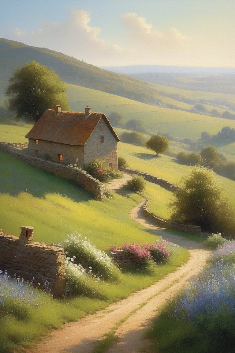 A serene scene unfolds: a gentle hillside stretches across the canvas, with lush greenery and wildflowers swaying softly in the breeze. A winding dirt path meanders through the landscape, leading to a rustic farmhouse with smoke drifting lazily from its chimney. Warm sunlight casts long shadows, illuminating the rolling hills and adding depth to this idyllic rural setting.