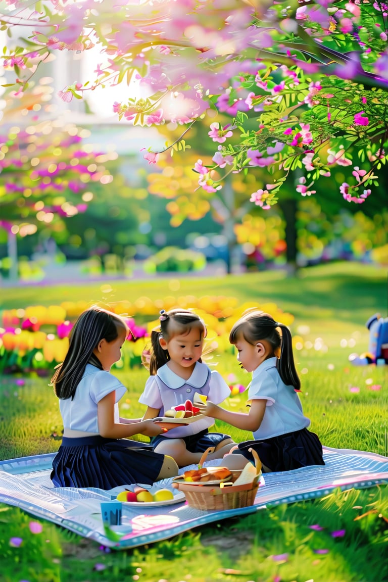 Soft focus captures a quintessential moment: three beautiful schoolgirls sit on a blanket spread across the lush green grass of the park, surrounded by blooming flowers. The warm sunlight filters through the trees, casting a gentle glow on their smiling faces as they share a picnic basket filled with sandwiches, fruit, and cookies.