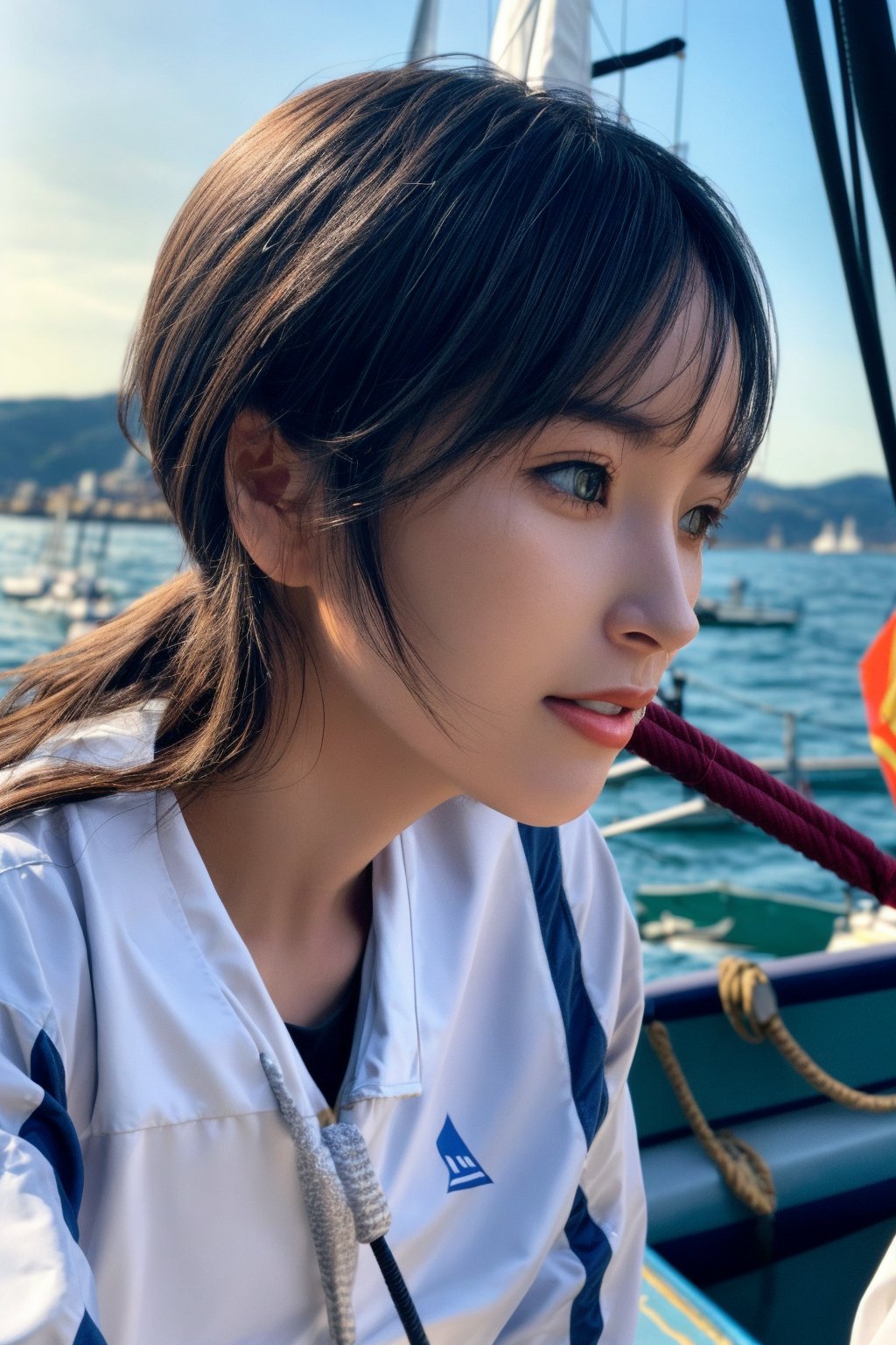 A close-up shot of a sailing couple in a mixed doubles match, both dressed in sleek yacht racing attire. The camera captures the intense focus on their faces as they maneuver the sails, their eyes locked in perfect sync. Soft golden light reflects off the water's calm surface, with the surrounding boats and crew members blurred in the background.