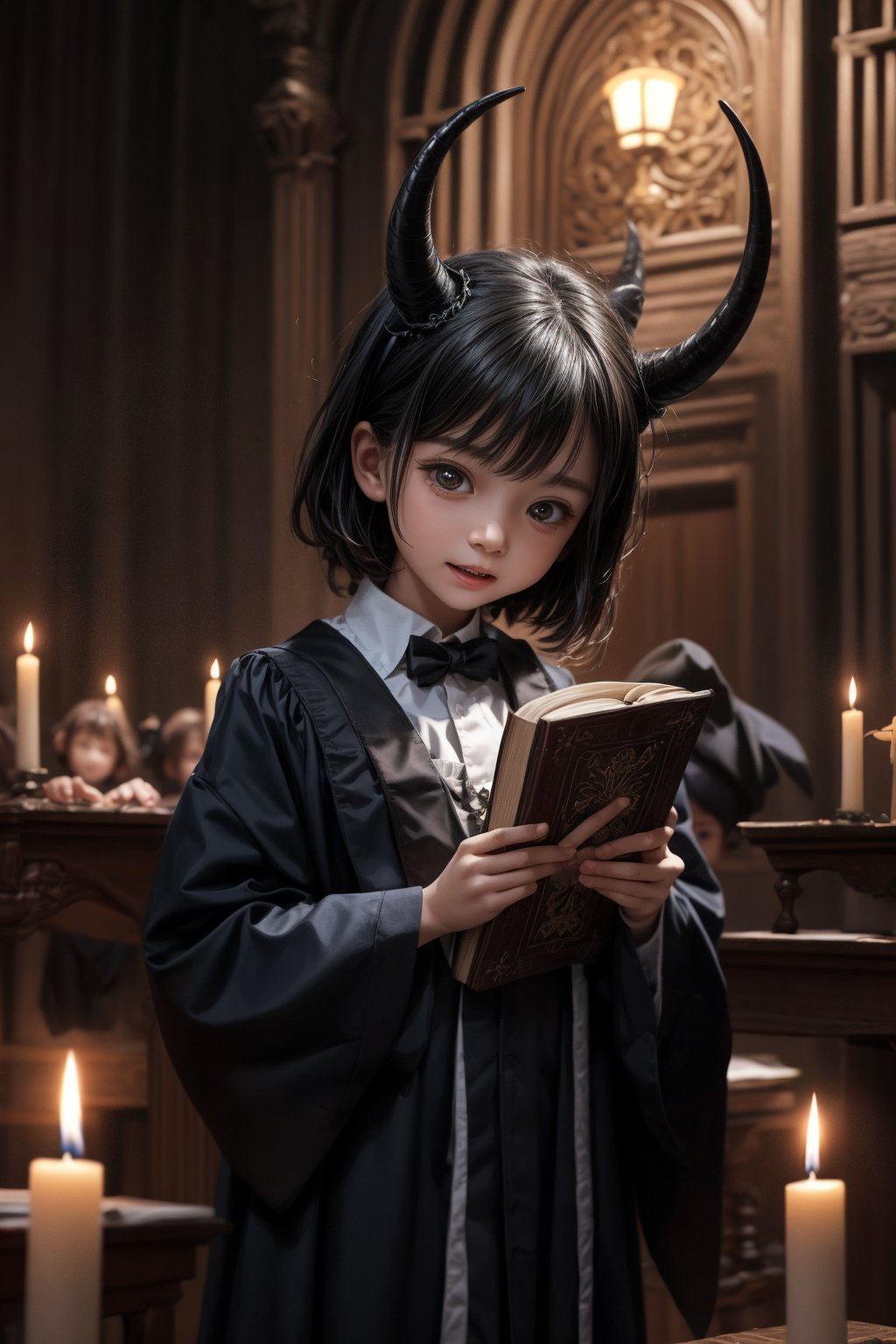 A whimsical scene unfolds: Little Devil Academy - a playful, fantastical school setting where mischievous students learn dark magic amidst eerie candlelight and ancient tomes. A diminutive devil teacher stands at the front of the class, surrounded by curious young demons donning tiny mortarboards, their horns and tails bobbing with excitement.