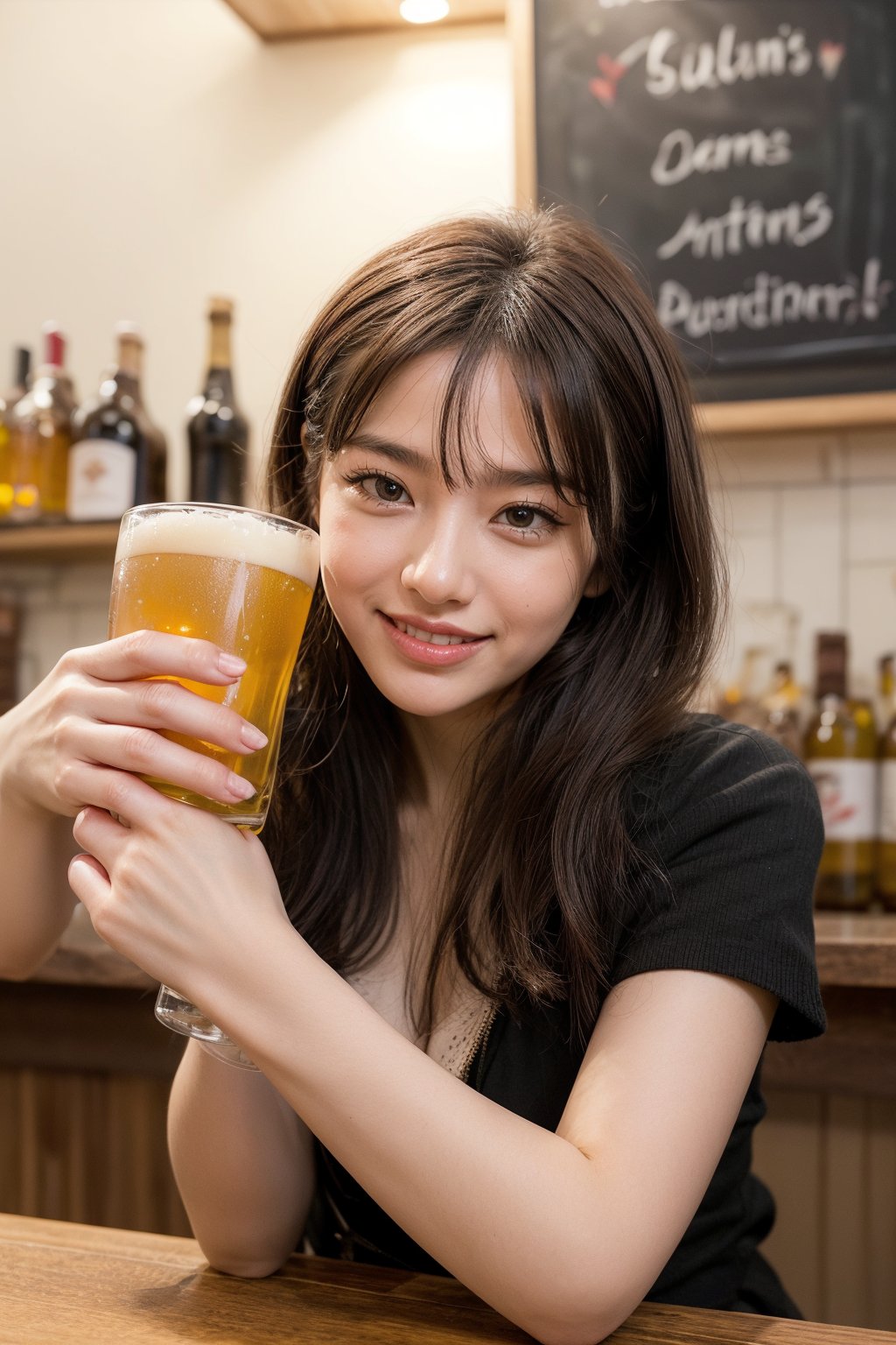 At a girls' bar, a girl pours beer while smiling and talking to customers.