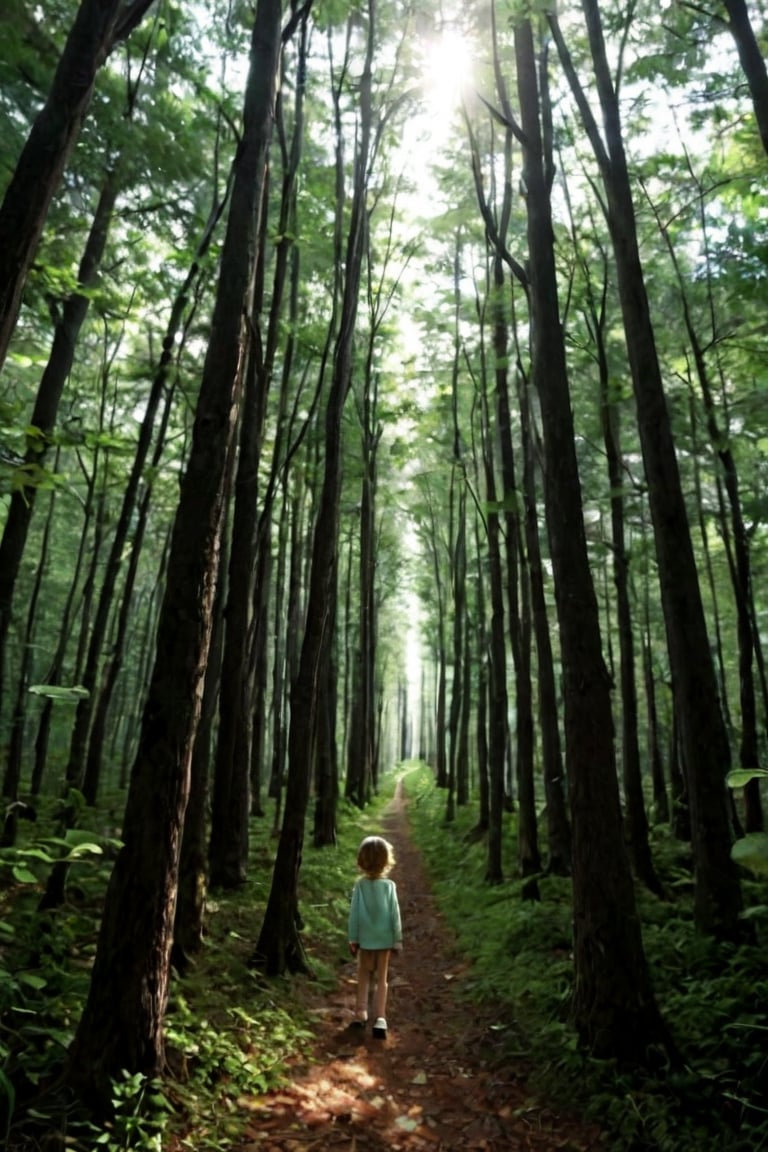 A lone figure of a young girl, dressed in earthy tones, stands amidst a dense forest, surrounded by towering trees that seem to stretch up to the sky. The camera frames her from a low angle, emphasizing her vulnerability as she gazes down at the path ahead, her eyes filled with worry and uncertainty. Soft, dappled sunlight filters through the leaves, casting a warm glow on her face.