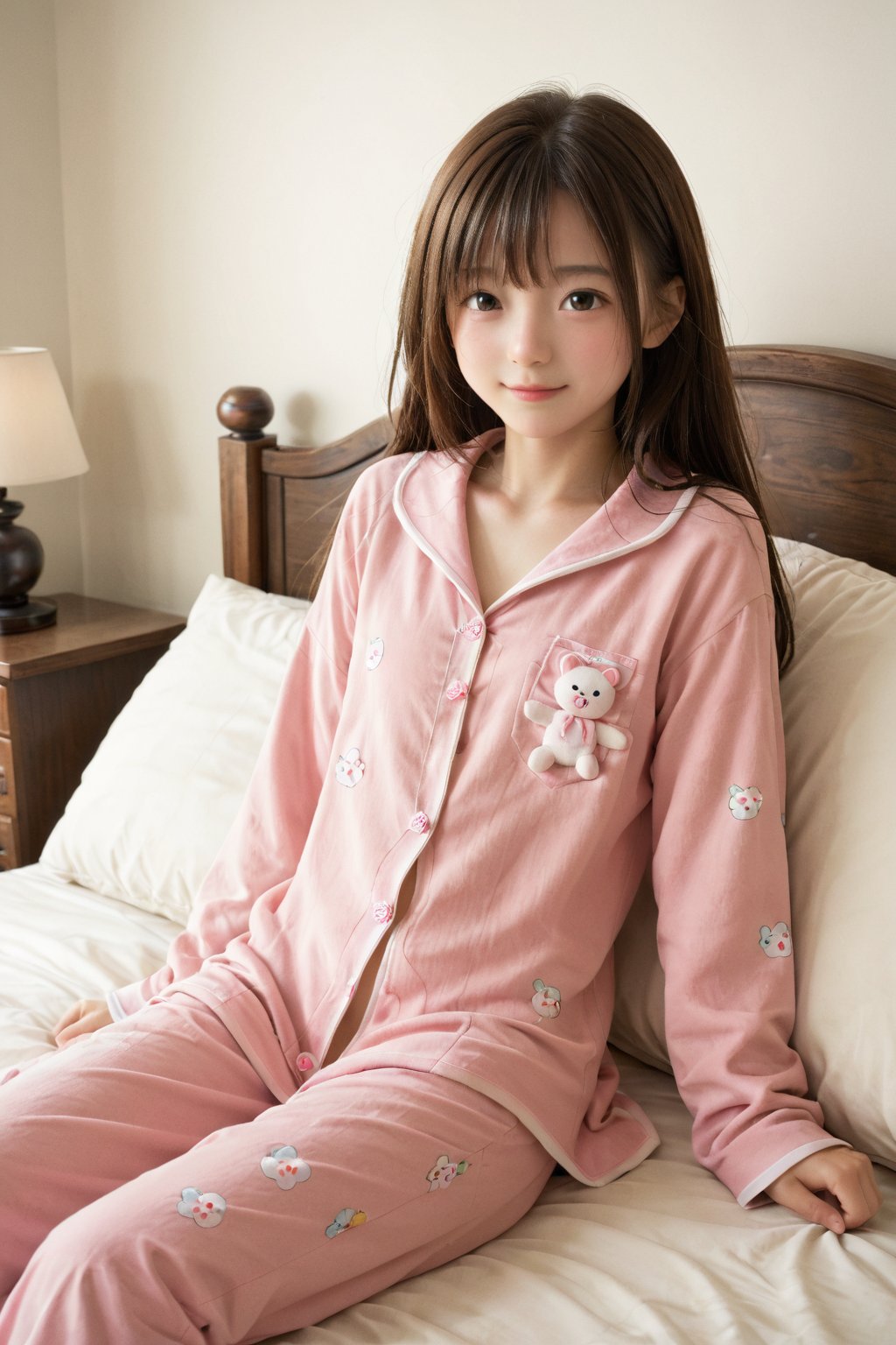 A serene portrait of a young girl reclining on a plush bed, her cheek resting gently on her hands as she wears loose-fitting pajamas. Soft focus captures the intimacy of the scene, warm lighting accentuates the texture of her hair and the gentle curve of her smile.