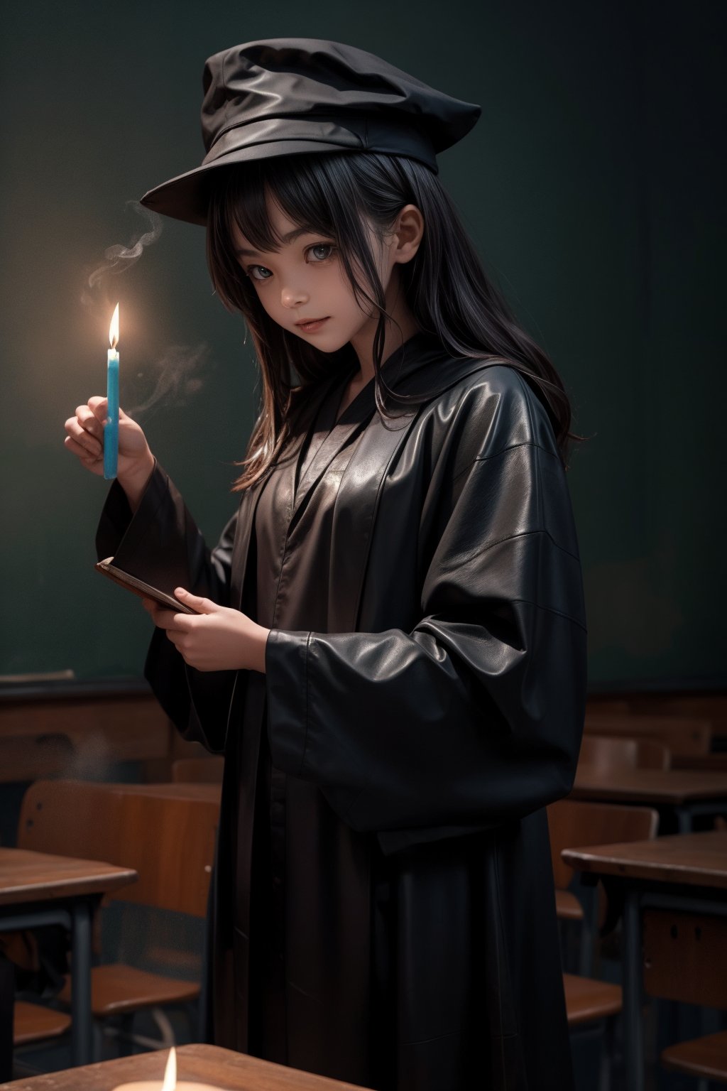 A dimly lit classroom, reminiscent of a mystical lair, where students in pointed black hats and matching robes sit cross-legged on worn wooden desks. The teacher, a mysterious figure shrouded in shadows, stands at the chalkboard, scribbling arcane symbols with a twisted grin. Puffs of dark smoke waft from candles scattered about the room, casting an eerie glow on ancient tomes bound in black leather.