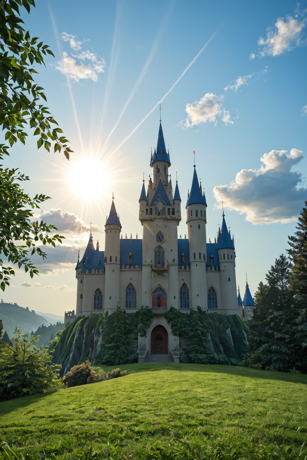 A majestic dream castle rises from a cloud-soft mist, its towers and turrets reaching for the sky like ethereal fingers. Softly glowing windows and delicate filigree adorn the walls, casting a warm, mystical light on the lush greenery below. A gentle stream meanders through the foreground, reflecting the dreamy atmosphere as misty vapors swirl around the castle's base.