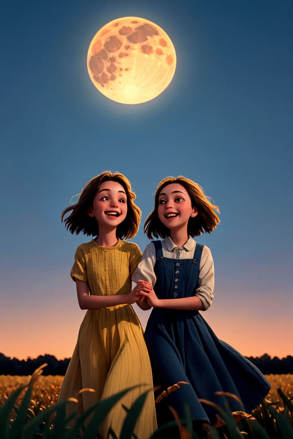 Girls in sync, arms entwined, under the warm glow of a harvest moon. Golden light casts long shadows across the ripe fields, as they sway to the rhythm of the night air. The full moon hangs low, illuminating their joyful faces and the cornstalks swaying gently around them.