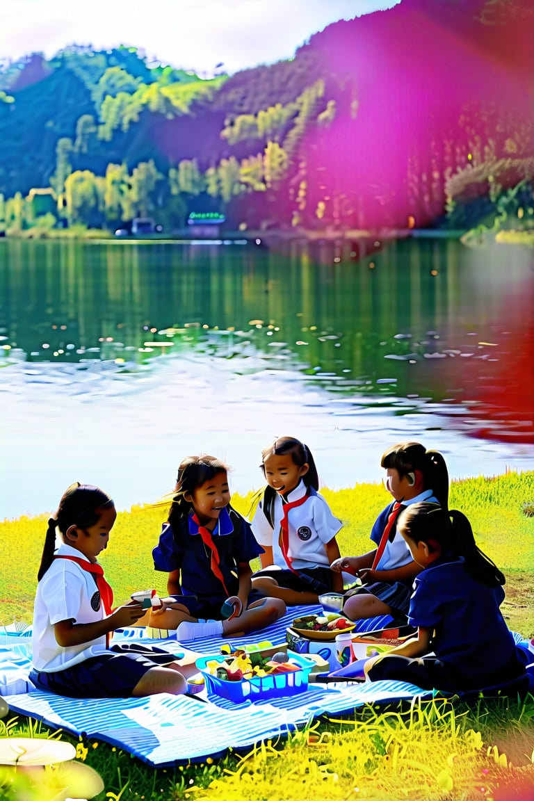 A serene lakeside setting, with a group of lovely schoolgirls gathered on a blanket, enjoying their lunch amidst the tranquil atmosphere. The warm sunlight casts a gentle glow on their smiling faces and brightens up their lively chatter. The surrounding lush greenery and the calm lake waters create a picturesque backdrop for this idyllic scene.