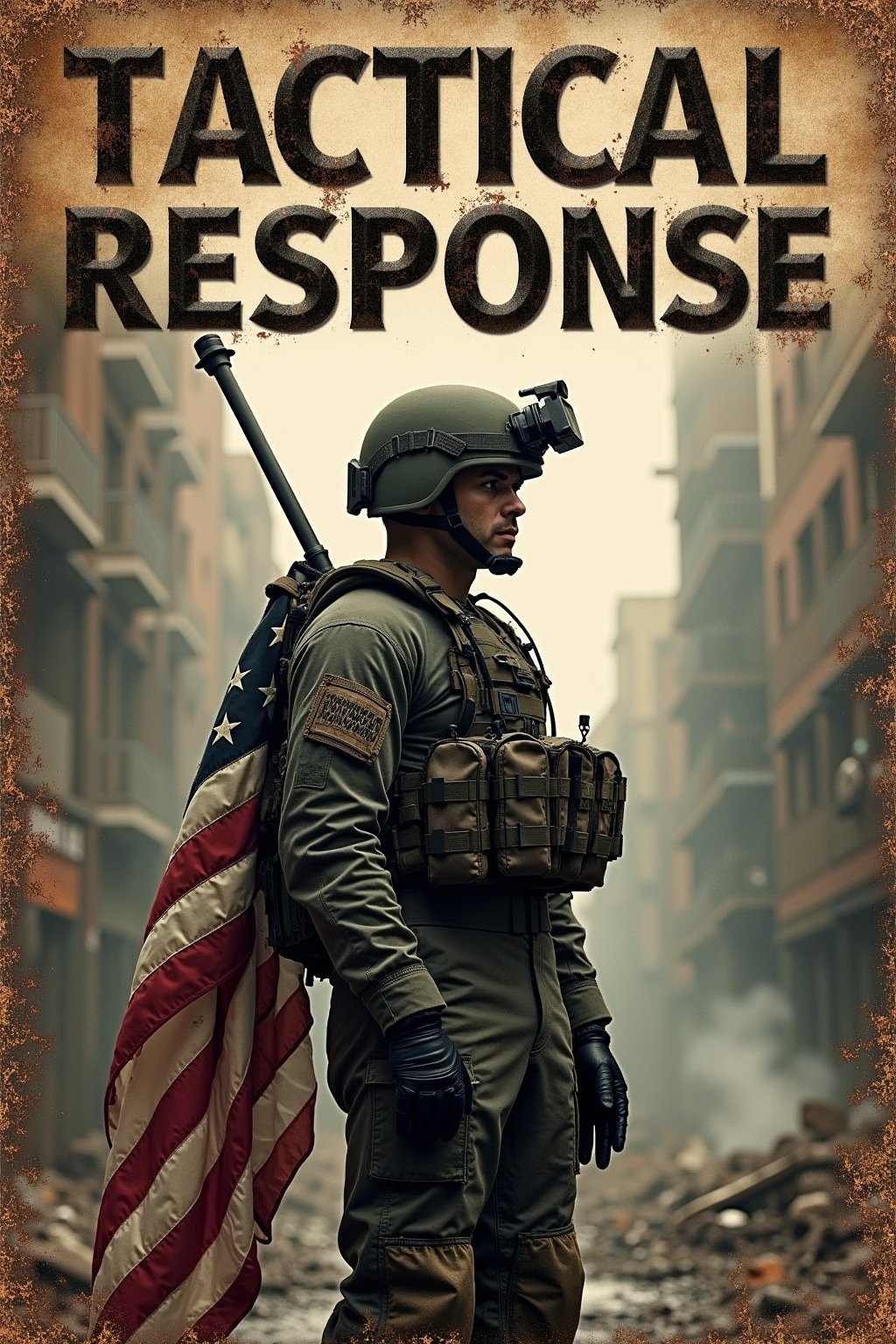 A worn leather-bound magazine cover featuring a gritty, high-contrast image of a rugged soldier in full tactical gear, standing at attention amidst a backdrop of smoke-shrouded urban ruins. A faded American flag clings to his shoulder as he gazes intently into the distance. The cover's title, 'Tactical Response' , is emblazoned in bold, metallic font across the top.