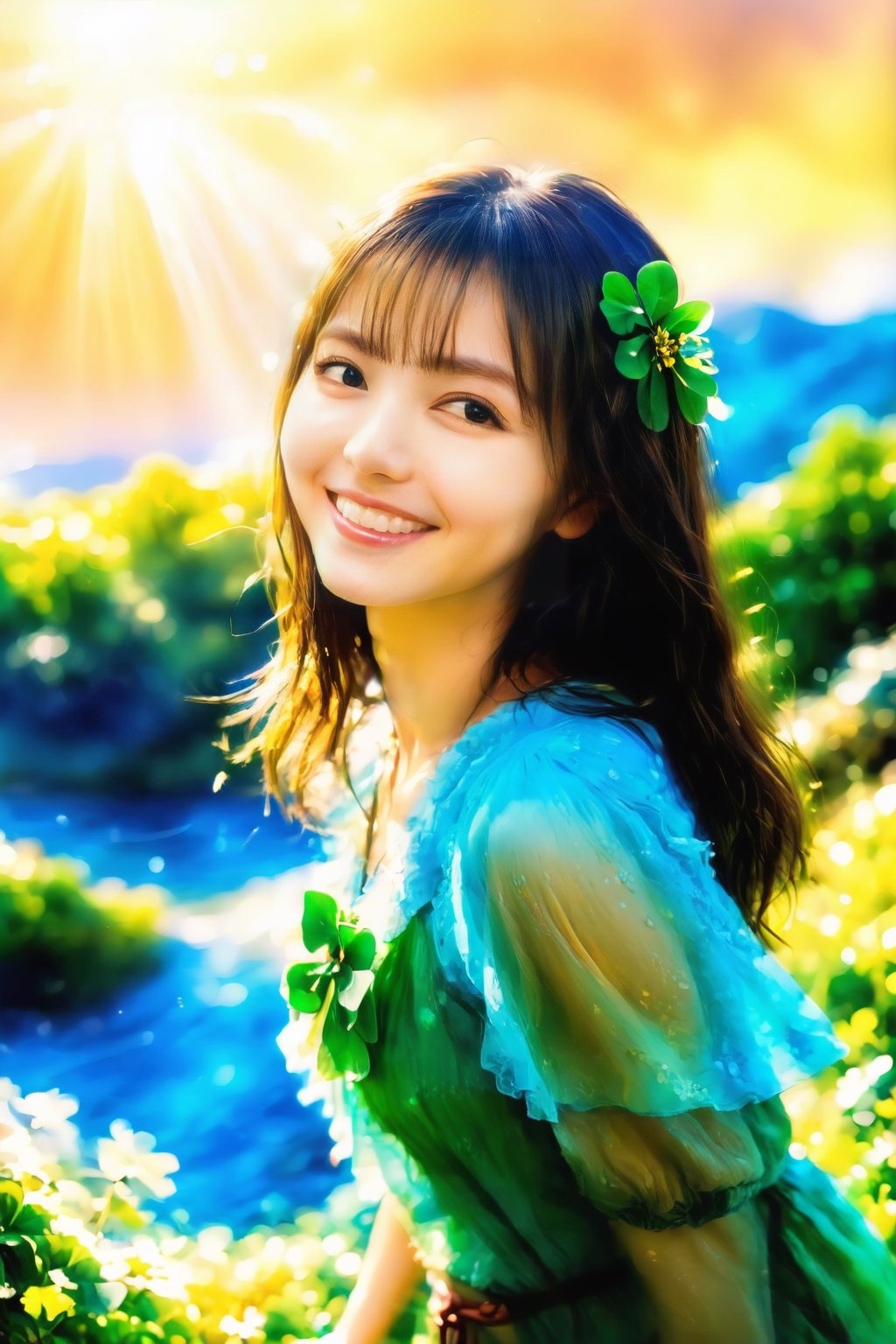 (Top Quality, 8K, High Resolution, masterpiece:1.2), ultra-detailed, realistic, physically based rendering, HDR, soft lighting, 
Girl looking for a four-leaf clover, her hair fluttering in the refreshing breeze, warm light, smiling