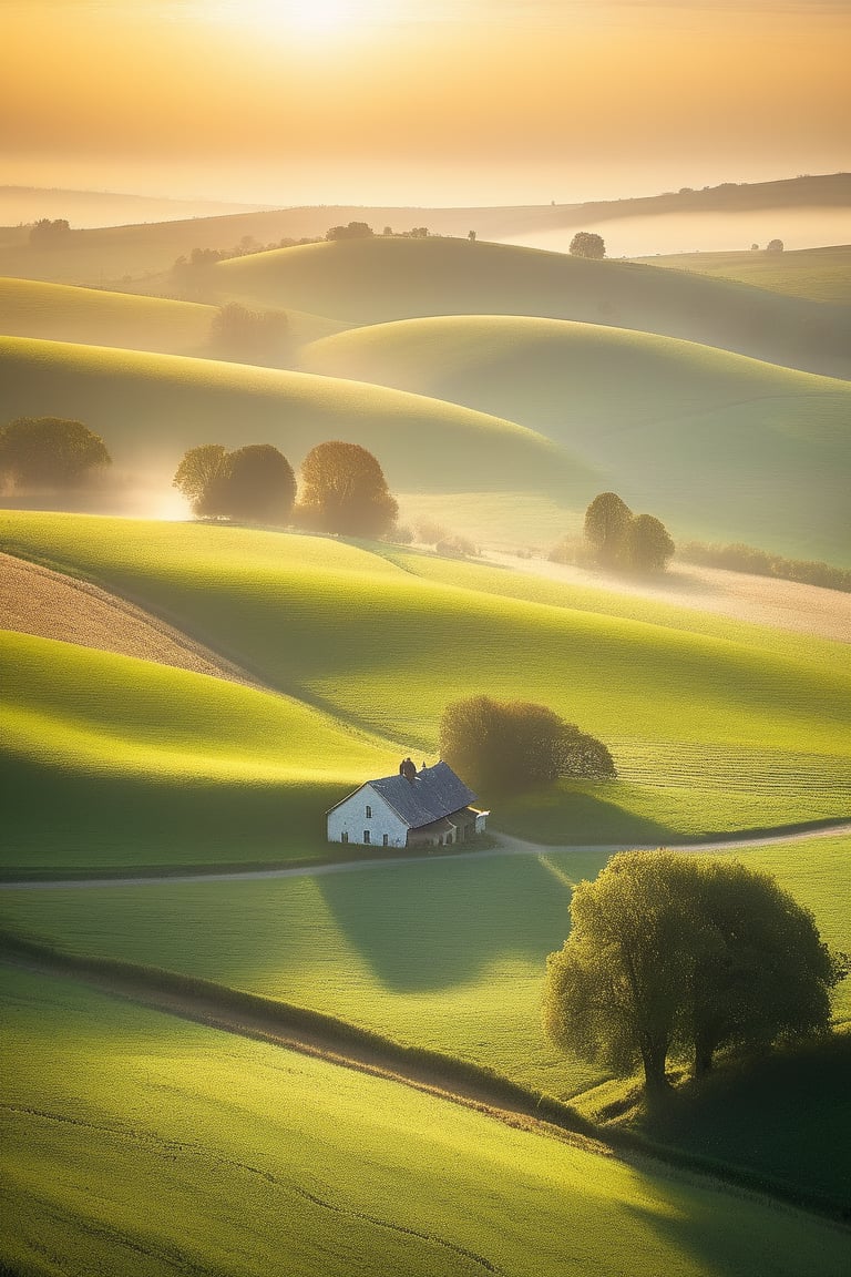 Capture a serene rural landscape with rolling hills, lush green pastures, and a distant farmhouse shrouded in a soft mist. The sun casts a warm golden light on the scene, with the shadows of trees stretching across the fields. A winding dirt road meanders through the landscape, disappearing into the horizon.