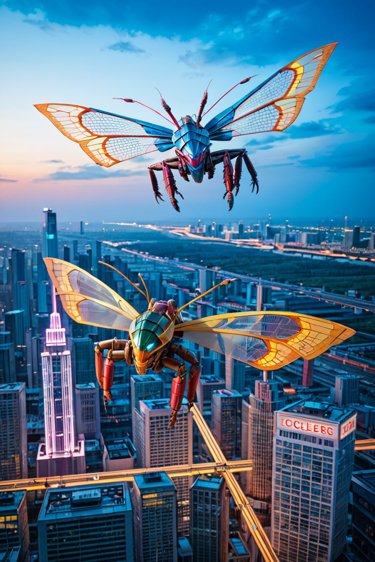 A futuristic cityscape at dusk, with neon lights reflecting off metallic scales as a group of towering, insectoid beings with glowing blue eyes and iridescent wings hover in mid-air. Their elongated bodies are encased in shimmering armor, with intricate circuitry visible beneath. The background features a sprawling metropolis with skyscrapers and flying cars zipping by.