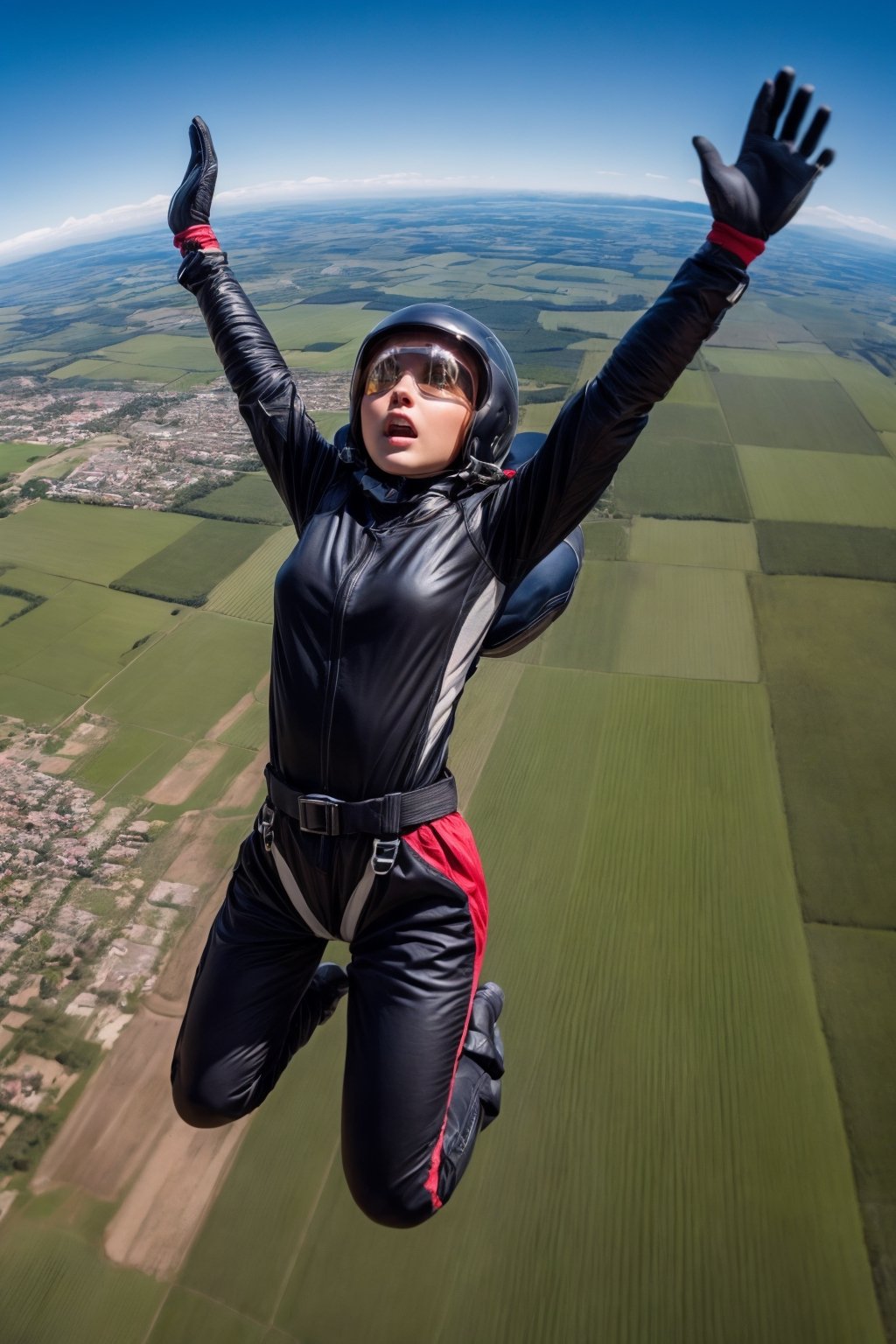 (4k), (masterpiece), (best quality),(extremely intricate), (realistic), (sharp focus), (award winning), (cinematic lighting), (extremely detailed), Skydiving, girl about to jump from Cessna, scared, clear sky, beautiful countryside