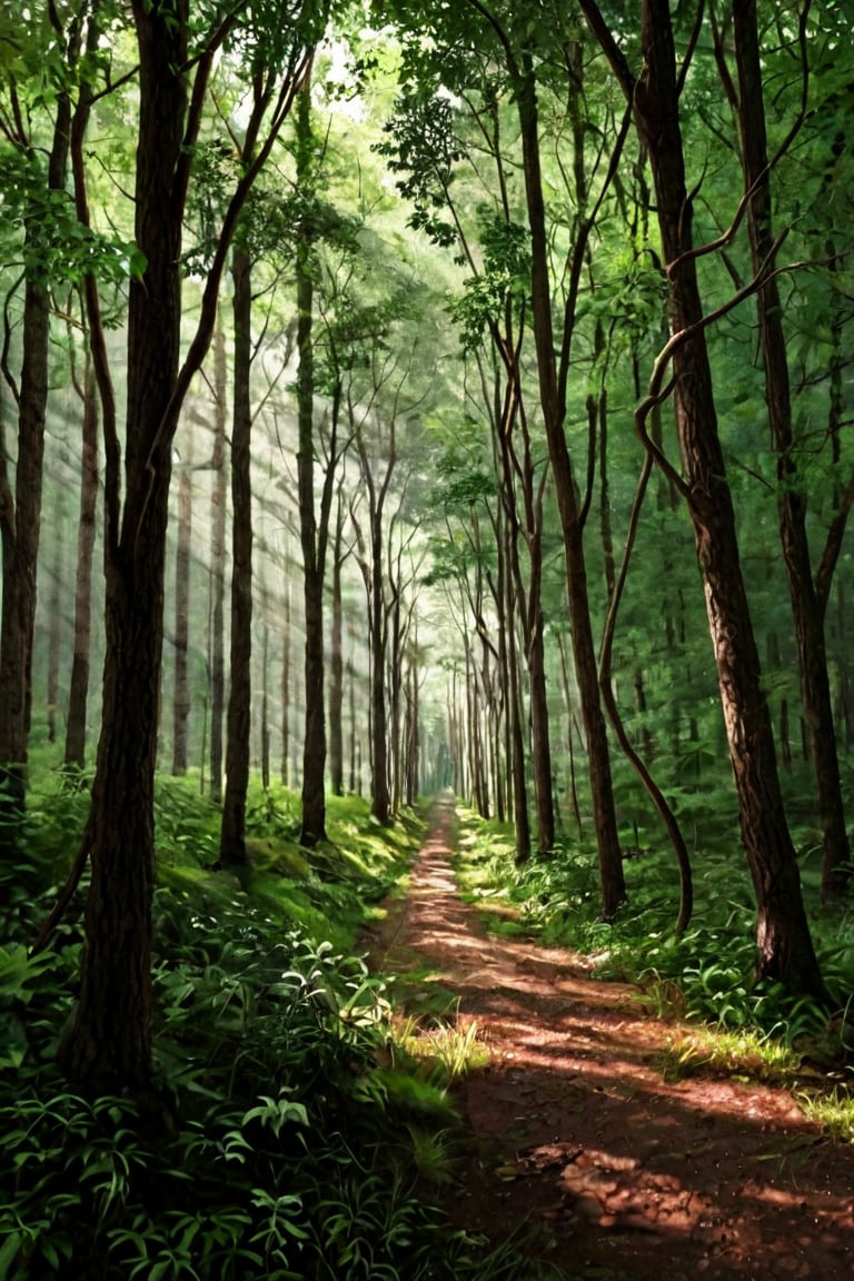 A serene forest scene: a majestic tree with gnarled branches dominates the center of the frame, its trunk surrounded by a tapestry of ferns and wildflowers. Soft dappled lighting filters through the canopy above, casting intricate shadows on the forest floor. A gentle mist rises from the underbrush, veiling the atmosphere in mystery.