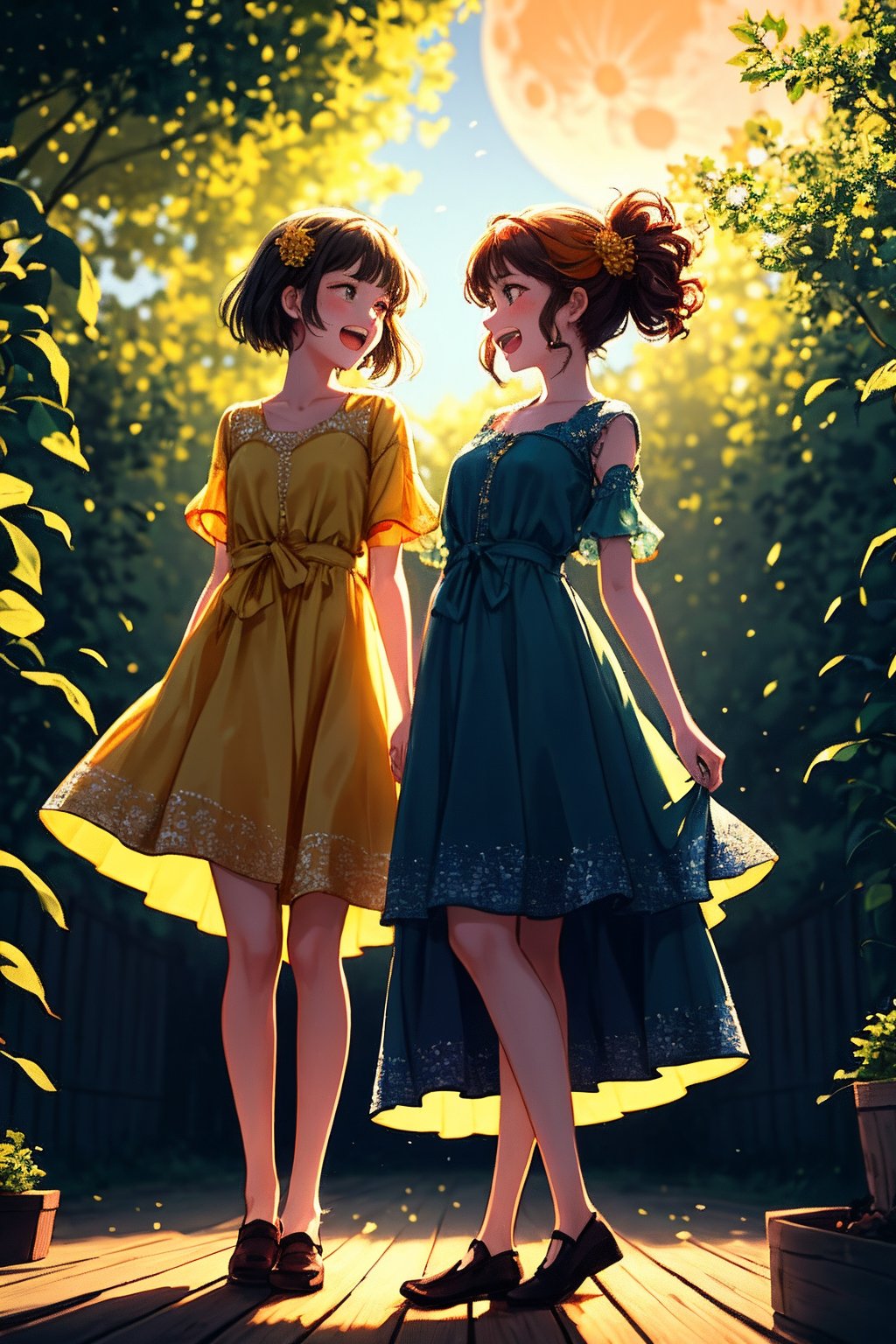 A vibrant 3D cartoon scene of two singing girls, bathed in warm sunlight with a hint of golden harvest moon glow. The girls, dressed in flowing yellow and orange dresses, harmonize in perfect unison against a backdrop of lush, ripe crops swaying gently in the breeze. Framed by a rustic wooden fence, the image exudes joy and abundance.