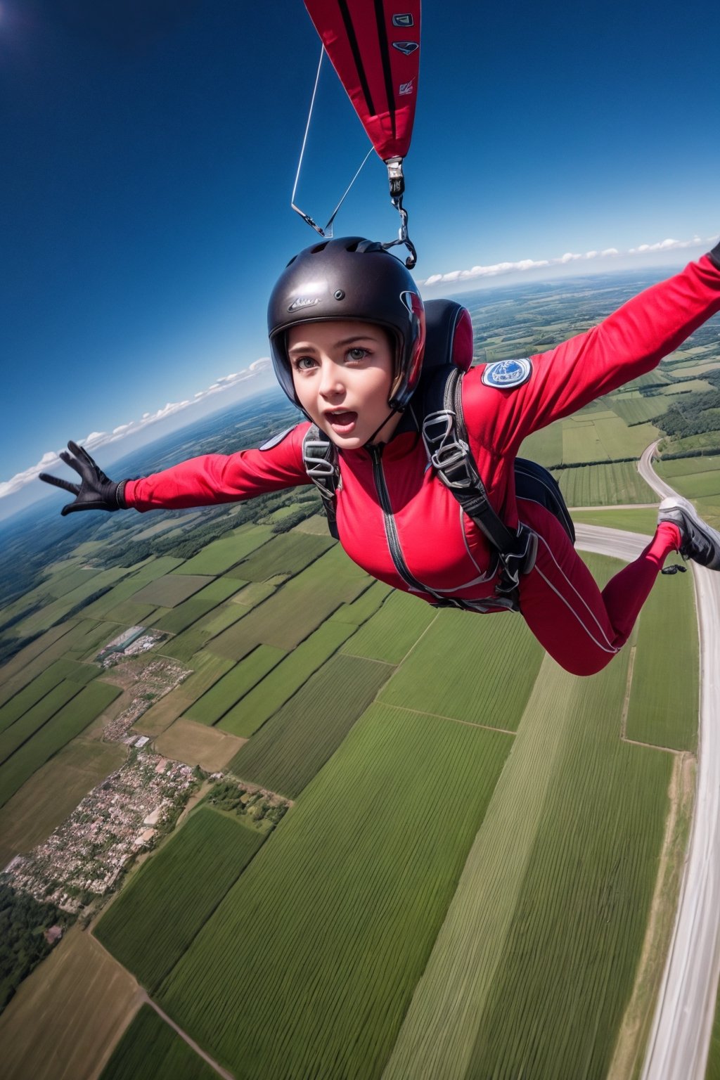 (4k), (masterpiece), (best quality),(extremely intricate), (realistic), (sharp focus), (award winning), (cinematic lighting), (extremely detailed), Skydiving, girl about to jump from Cessna, scared, clear sky, beautiful countryside