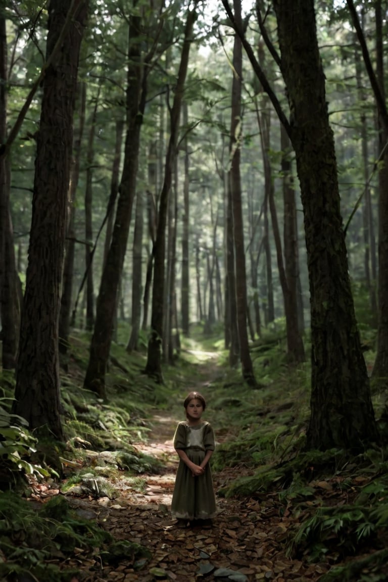 A young girl stands alone in a dense forest, her worried expression illuminated by the soft dappled light filtering through the canopy above. She looks down at the ground, her hands grasping a torn piece of fabric, her eyes scanning the underbrush as if searching for a trail or a clue. The trees tower above her, their leaves rustling softly in the breeze, casting long shadows across the forest floor.