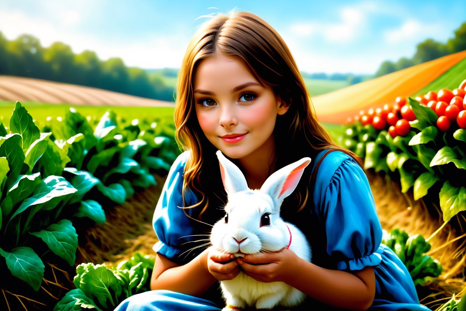 (sharp focus),  (award winning),  (extremely detailed),  (best quality, 4k, 8k, highres, masterpiece:1.2), ultra-detailed, (realistic, photorealistic, photo-realistic:1.37), A girl and a rabbit, the rabbit is eating vegetables from the field