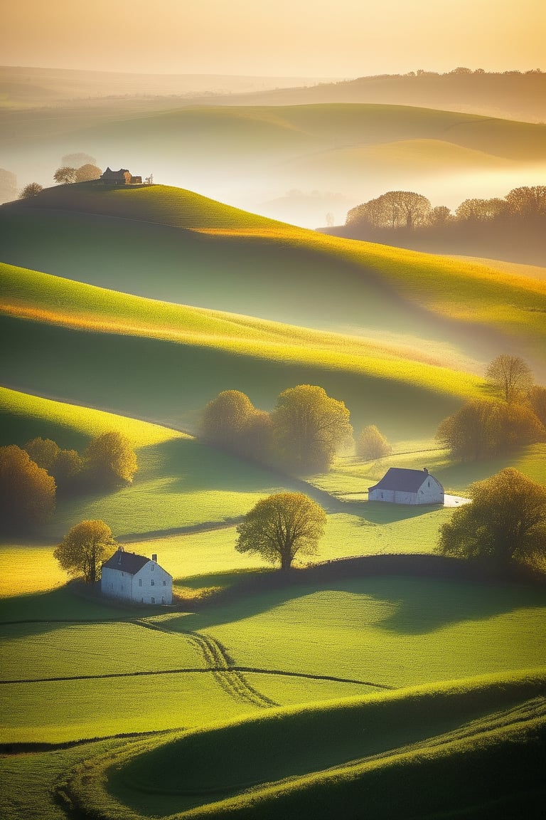 Capture a serene rural landscape with rolling hills, lush green pastures, and a distant farmhouse shrouded in a soft mist. The sun casts a warm golden light on the scene, with the shadows of trees stretching across the fields. A winding dirt road meanders through the landscape, disappearing into the horizon.