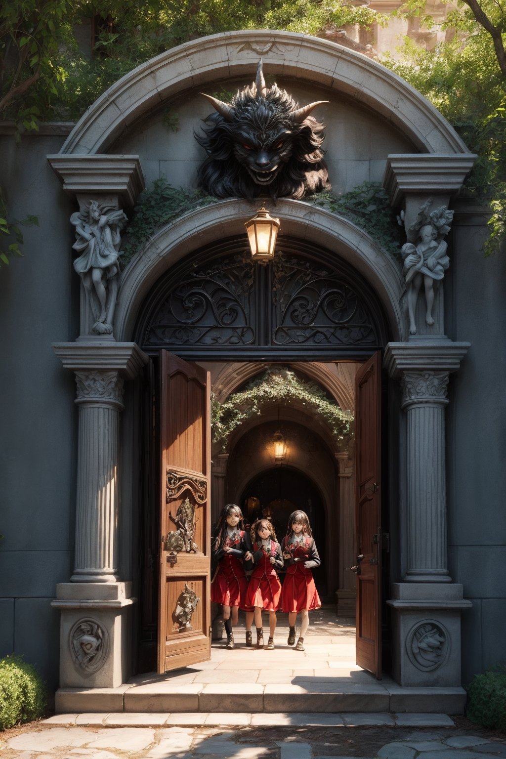 A whimsical illustration of Little Devil Academy's entrance, framed by twisted wrought iron gates and surrounded by lush greenery. Soft, warm lighting illuminates the building's facade, with intricate stone carvings depicting playful devils and mischievous mythological creatures. Students in matching crimson uniforms gather at the gate, their faces aglow with curiosity and excitement.