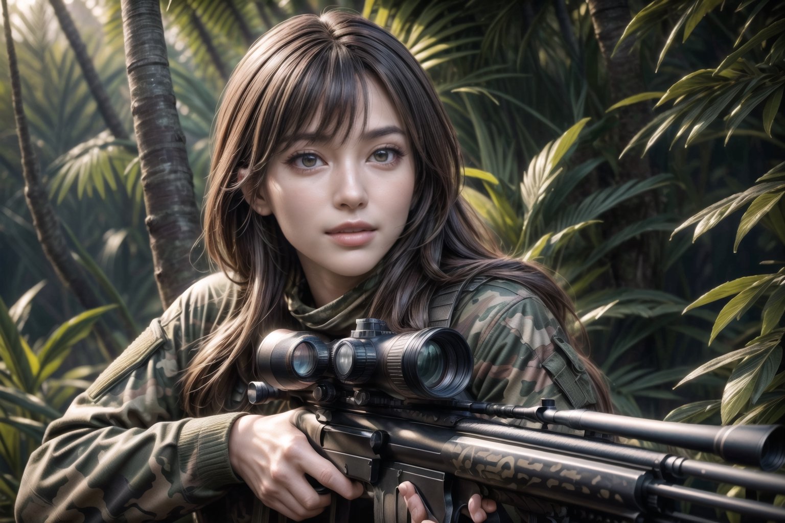 (sharp focus),  (award winning),  (extremely detailed),  (best quality, 4k, 8k, highres, masterpiece:1.2), ultra-detailed, (realistic, photorealistic, photo-realistic:1.37),Female sniper hiding above a tree in the jungle,full body, A sniper rifle, her sharp eyes looking through the scope, a smile on her lips,Daughter of Dragon God