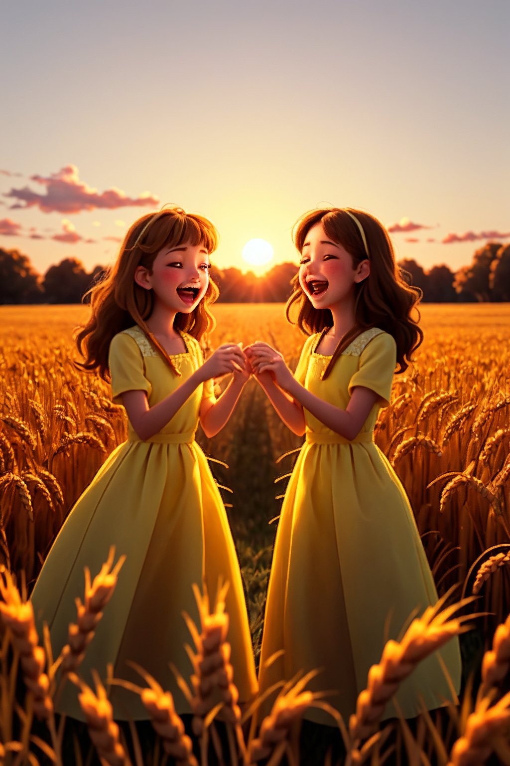 A nostalgic sunset glows warm on a field of ripened wheat, as SING Girls gather in joyous revelry, their bright dresses and flowing hair illuminated by the golden light. The air is filled with the sweet scent of harvest bounty, as they dance and sing in unison, their laughter and music mingling with the rustling wheat.