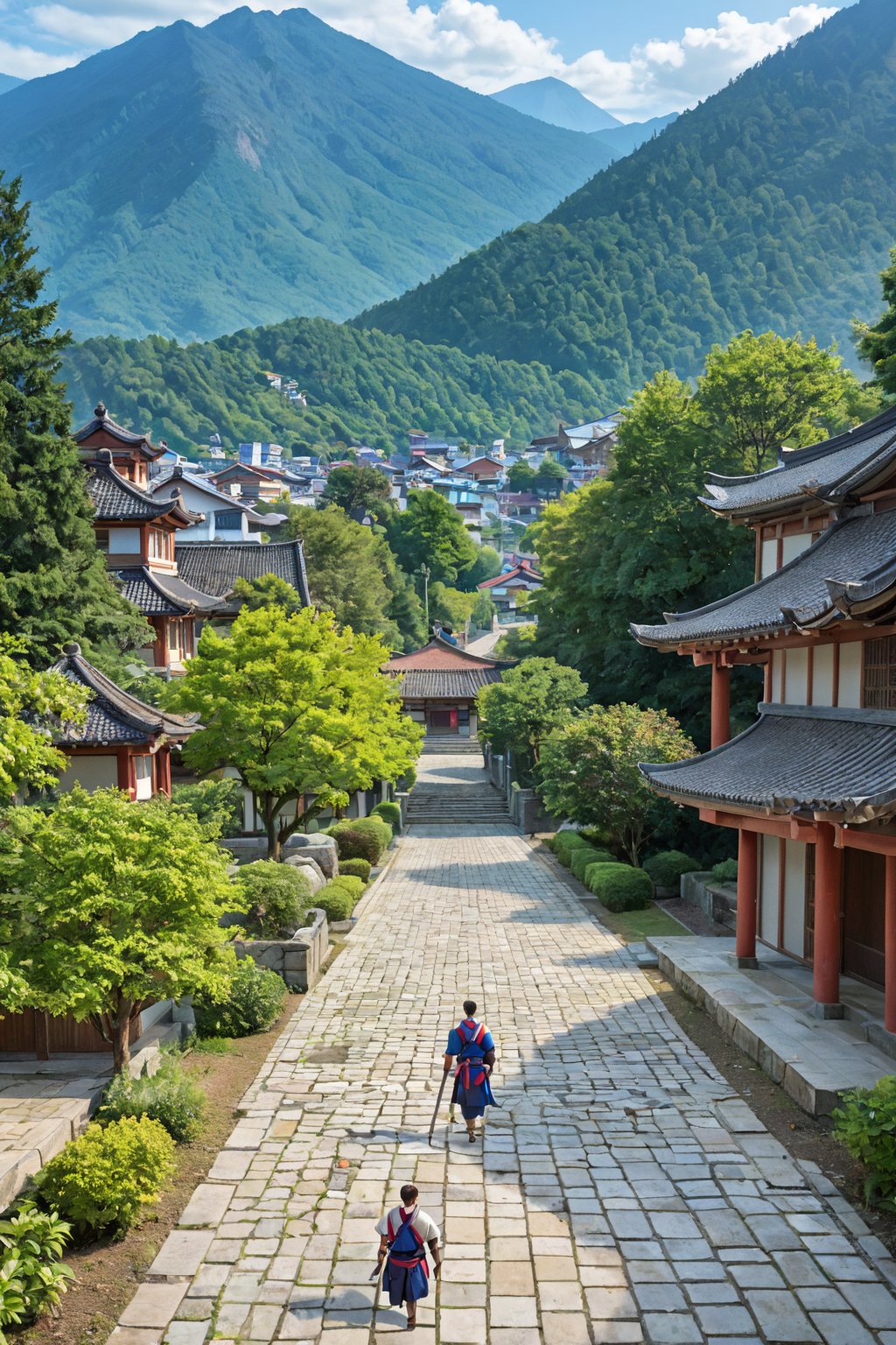 A serene Japanese cityscape from the Heian period, circa 12th century. The camera pans over a tranquil scene of wooden buildings with tiled roofs, surrounded by lush greenery and a misty mountain range in the distance. A gentle stream runs through the center, its soft gurgling sound harmonizing with the chirping birds. In the foreground, a group of samurai warriors, adorned in traditional armor, stroll along the stone-paved street, their katanas at their sides.