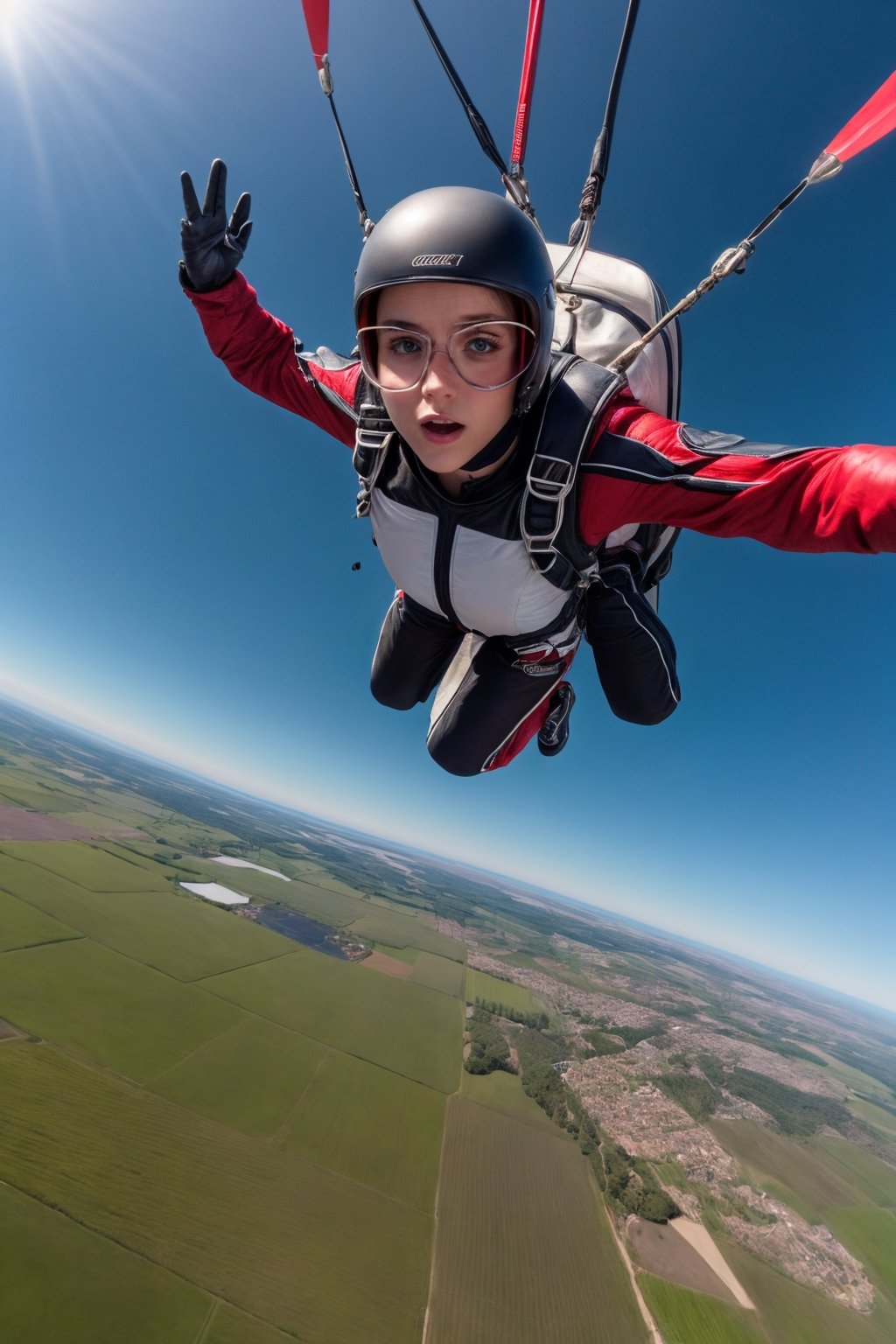 (4k), (masterpiece), (best quality),(extremely intricate), (realistic), (sharp focus), (award winning), (cinematic lighting), (extremely detailed), Skydiving, girl about to jump from Cessna, scared, clear sky, beautiful countryside