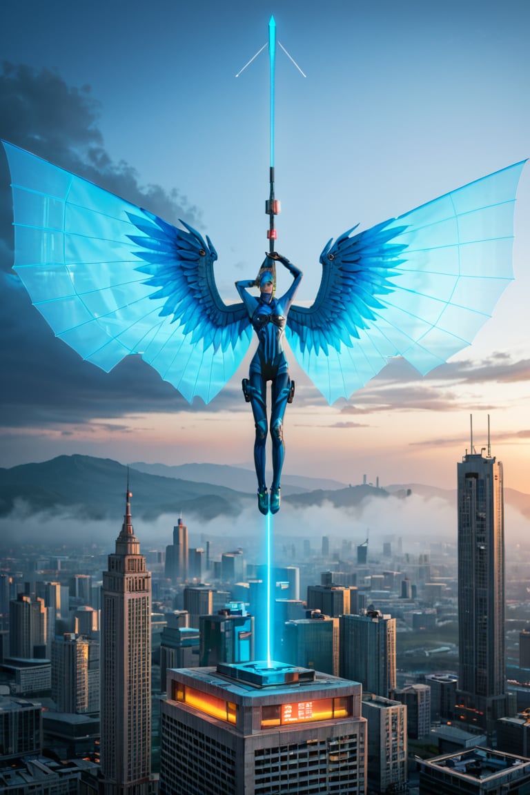 In a neon-lit cityscape, a quartet of FUTURISTIC creatures emerge from a haze of misty fog, their iridescent scales glinting under the vibrant glow of holographic billboards. One creature, a towering humanoid with glowing blue wings, stretches forth a hand as if grasping for something just out of reach, while another, a slender being with segmented limbs, appears to be studying an ancient-looking tablet inscribed with cryptic symbols. In the foreground, a diminutive FUTURISTIC creature, its body composed of shifting pixels, darts about with reckless abandon, leaving trails of light in its wake as it frolics amidst the towering structures.