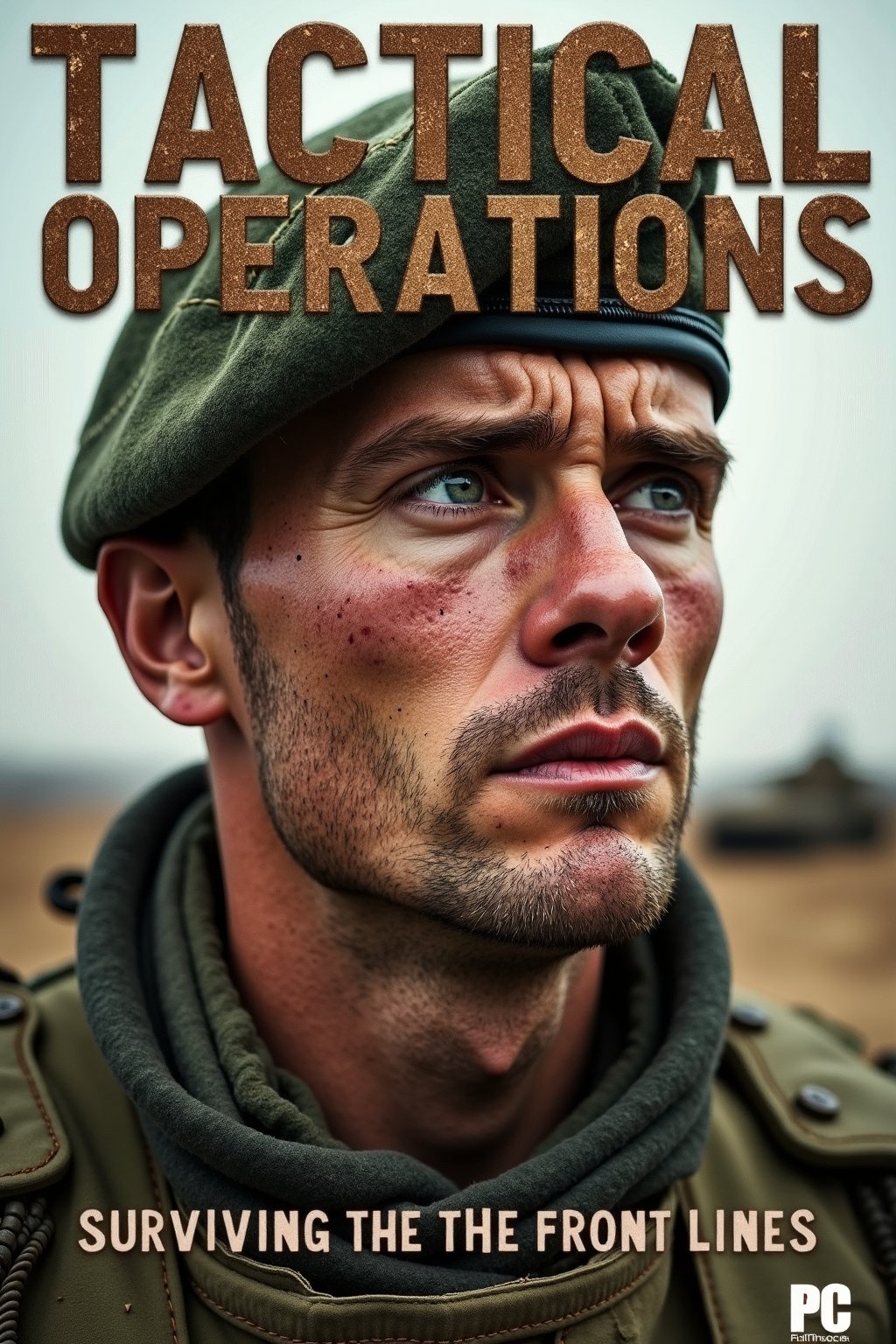 A gritty military magazine cover featuring a close-up of a worn, battle-hardened soldier's face, eyes gazing intensely into the distance. His weathered expression conveys a sense of determination and resilience. A camouflage-patterned beret sits atop his buzz-cut hair, while a scar above his left eyebrow tells the story of a long-forgotten battle. The background is a muted blend of earthy tones, with a faint silhouette of tanks or helicopters in the distance, evoking a sense of military might. The title 'Tactical Operations' emblazoned in bold, metallic letters across the top, with the subtitle 'Surviving the Front Lines' written in smaller text at the bottom.