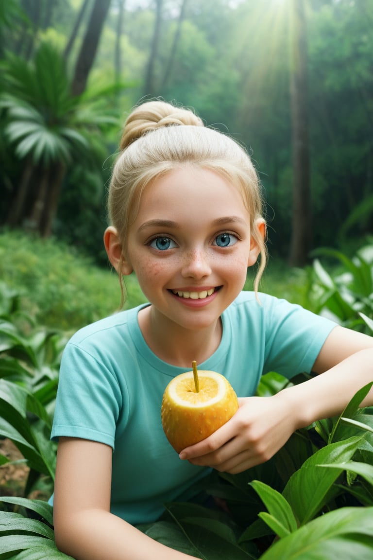 A young girl with a warm and inviting smile, sitting on a lush green grassy hillside surrounded by vibrant tropical trees. She holds a juicy pineapple in one hand, and takes a bite of it with her other hand, savoring the sweet and tangy taste. The sunlight casts a gentle glow on her skin, accentuating her freckles and making her bright blue eyes sparkle. In the background, the trees sway gently in the breeze, their leaves rustling softly. Framed by a subtle shallow depth of field, the subject's face is in sharp focus, with the blurred trees behind her creating a sense of depth and dimensionality. The overall atmosphere is serene and idyllic, inviting the viewer to join her in this peaceful moment of indulgence.