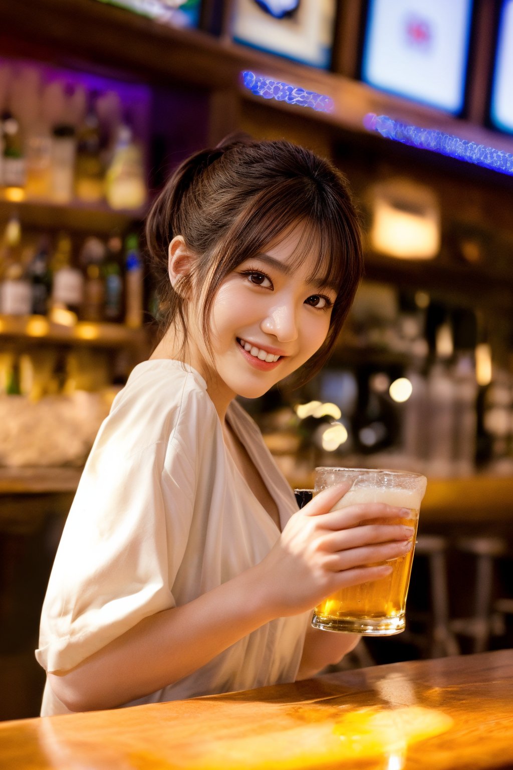 A warm and lively shot of a girl pouring beer with a radiant smile, her bright eyes sparkling as she engages in effortless conversation with the patrons at the bar. The dimly lit setting enhances the golden hue of the beer, while the composition focuses on the girl's lively demeanor, accentuating her confident pose behind the counter.