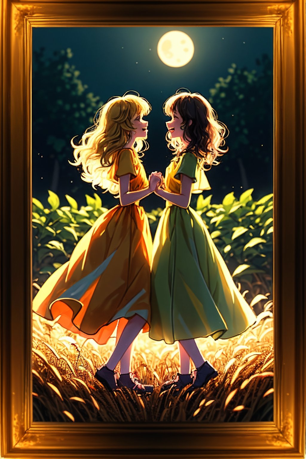 A vibrant 3D cartoon scene of two singing girls, bathed in warm sunlight with a hint of golden harvest moon glow. The girls, dressed in flowing yellow and orange dresses, harmonize in perfect unison against a backdrop of lush, ripe crops swaying gently in the breeze. Framed by a rustic wooden fence, the image exudes joy and abundance.