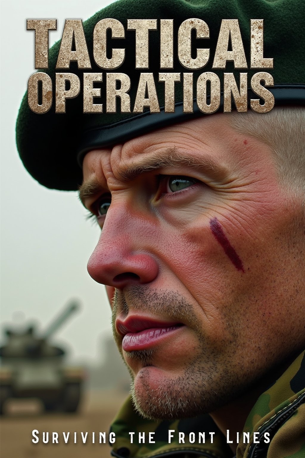 A gritty military magazine cover featuring a close-up of a worn, battle-hardened soldier's face, eyes gazing intensely into the distance. His weathered expression conveys a sense of determination and resilience. A camouflage-patterned beret sits atop his buzz-cut hair, while a scar above his left eyebrow tells the story of a long-forgotten battle. The background is a muted blend of earthy tones, with a faint silhouette of tanks or helicopters in the distance, evoking a sense of military might. The title 'Tactical Operations' emblazoned in bold, metallic letters across the top, with the subtitle 'Surviving the Front Lines' written in smaller text at the bottom.