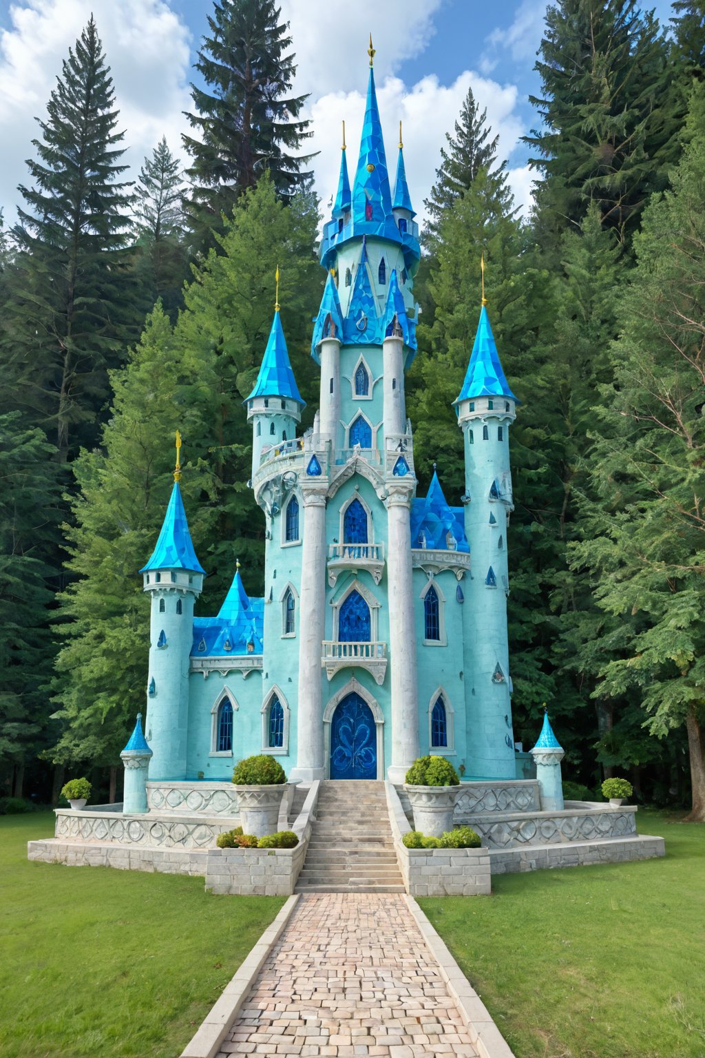 A majestic dream castle rises from a misty forest, its towers and turrets reaching towards a sky painted with hues of sapphire and amethyst. The walls are adorned with glittering gemstones and vines of emerald green. A grand archway, flanked by statues of mythical creatures, serves as the main entrance. Soft, ethereal light emanates from within, beckoning all who dare to enter.