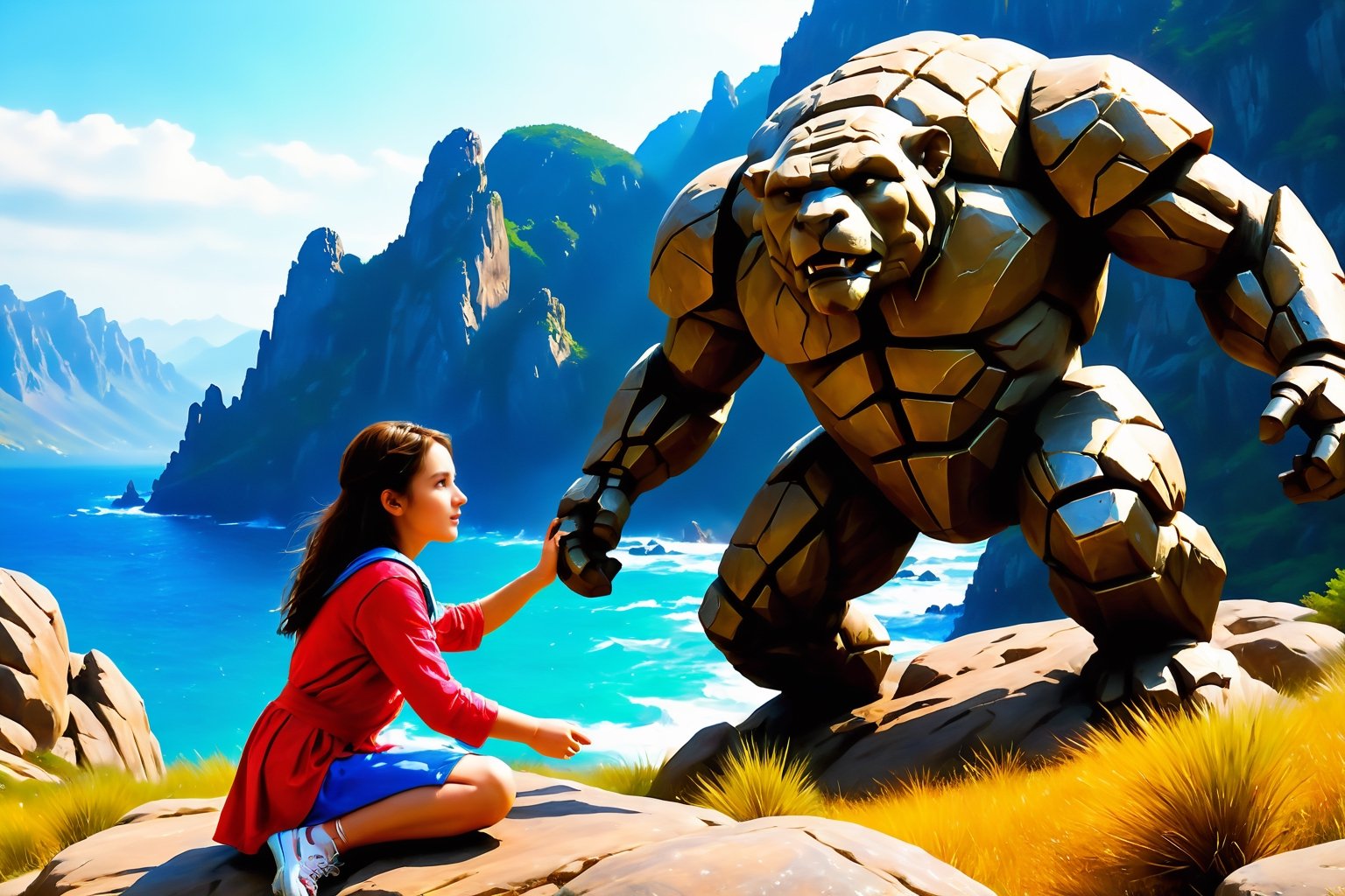 (4k),  (masterpiece),  (best quality), (extremely intricate),  (realistic),  (sharp focus),  (award winning),  (extremely detailed), (best quality,4k,8k,highres,masterpiece:1.2),ultra-detailed,(realistic,photorealistic,photo-realistic:1.37), girl playing with golem, rocky mountain, Dilireba