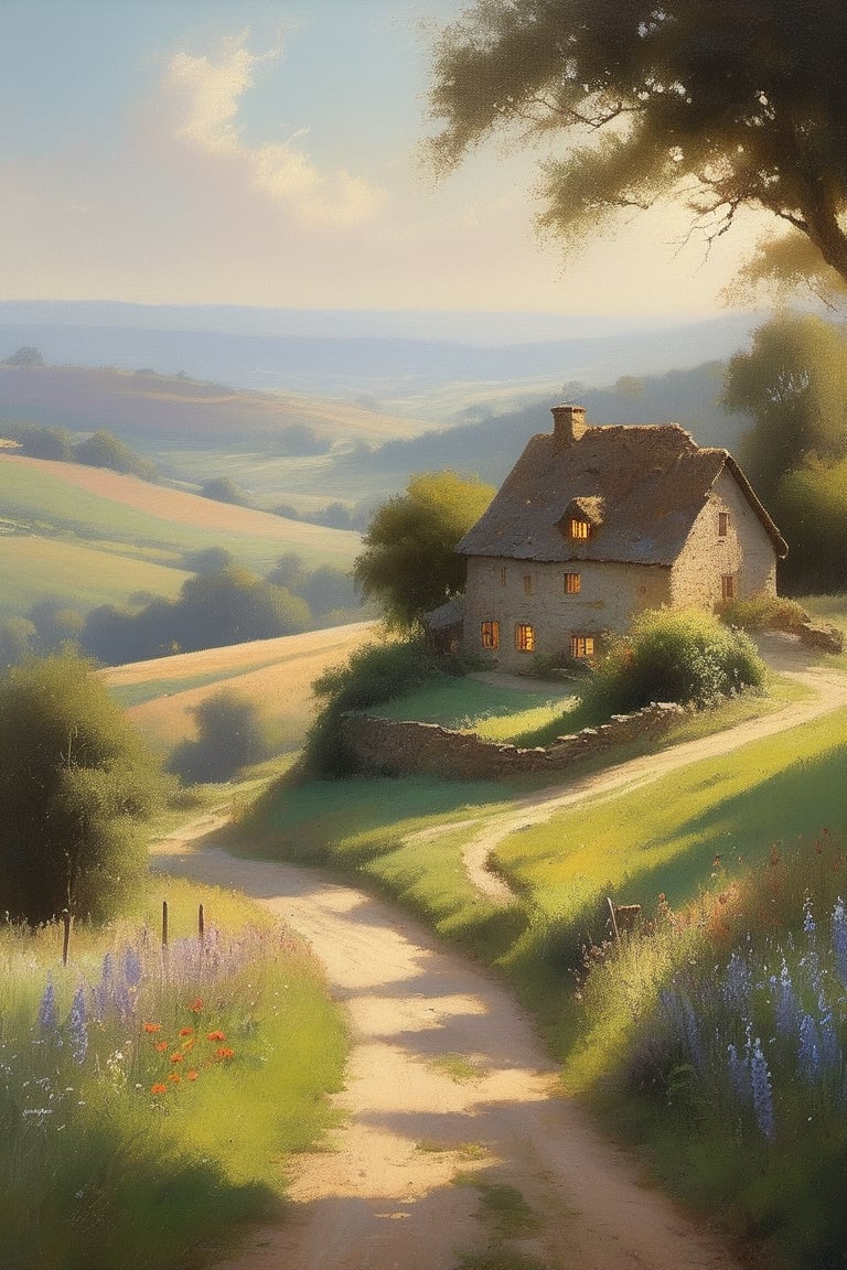 A serene scene unfolds: a gentle hillside stretches across the canvas, with lush greenery and wildflowers swaying softly in the breeze. A winding dirt path meanders through the landscape, leading to a rustic farmhouse with smoke drifting lazily from its chimney. Warm sunlight casts long shadows, illuminating the rolling hills and adding depth to this idyllic rural setting.