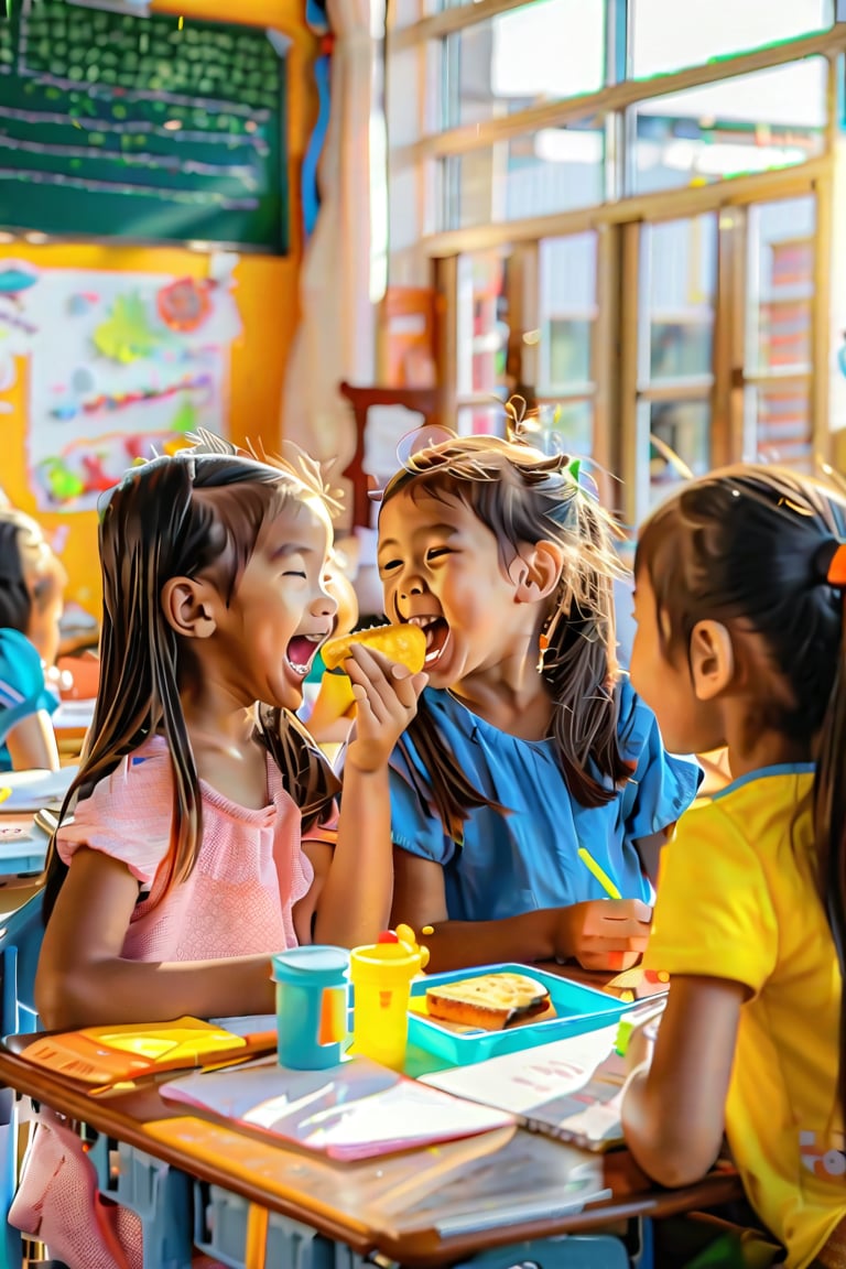 A warm and inviting scene: Girls' laughter and chatter fill a sun-drenched classroom as they sit at desks, enjoying their lunch. One girl's bright smile illuminates her face as she takes a bite of her sandwich, while another girl leans in to whisper a secret to her friend. The wooden desks and chairs are arranged neatly, with a chalkboard at the front of the room displaying colorful drawings. Soft natural light streams through the windows, casting a warm glow over the gathering.