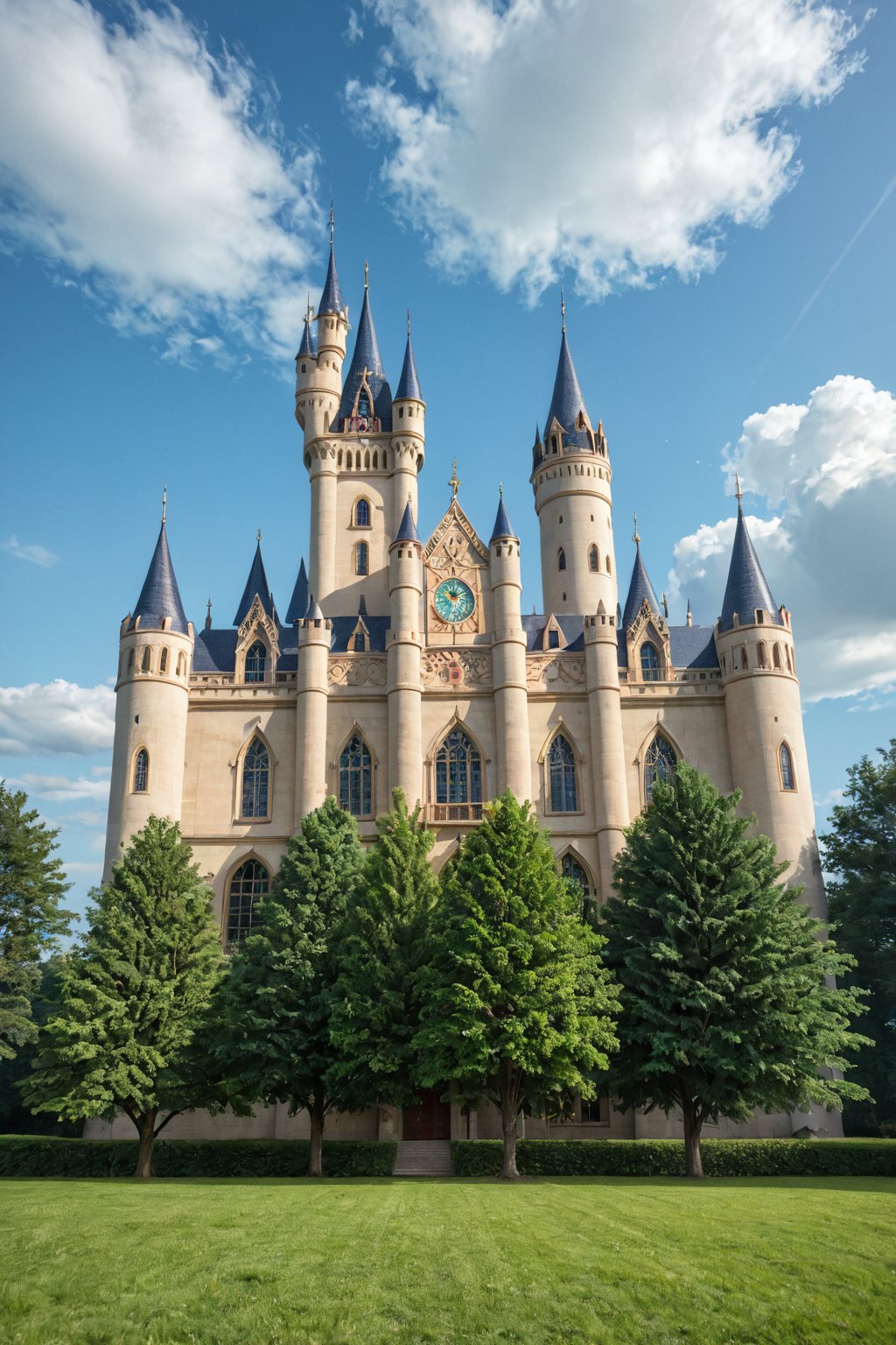 A majestic dream castle rises from a cloud-soft mist, its towers and turrets reaching for the sky like ethereal fingers. Softly glowing windows and delicate filigree adorn the walls, casting a warm, mystical light on the lush greenery below. A gentle stream meanders through the foreground, reflecting the dreamy atmosphere as misty vapors swirl around the castle's base.