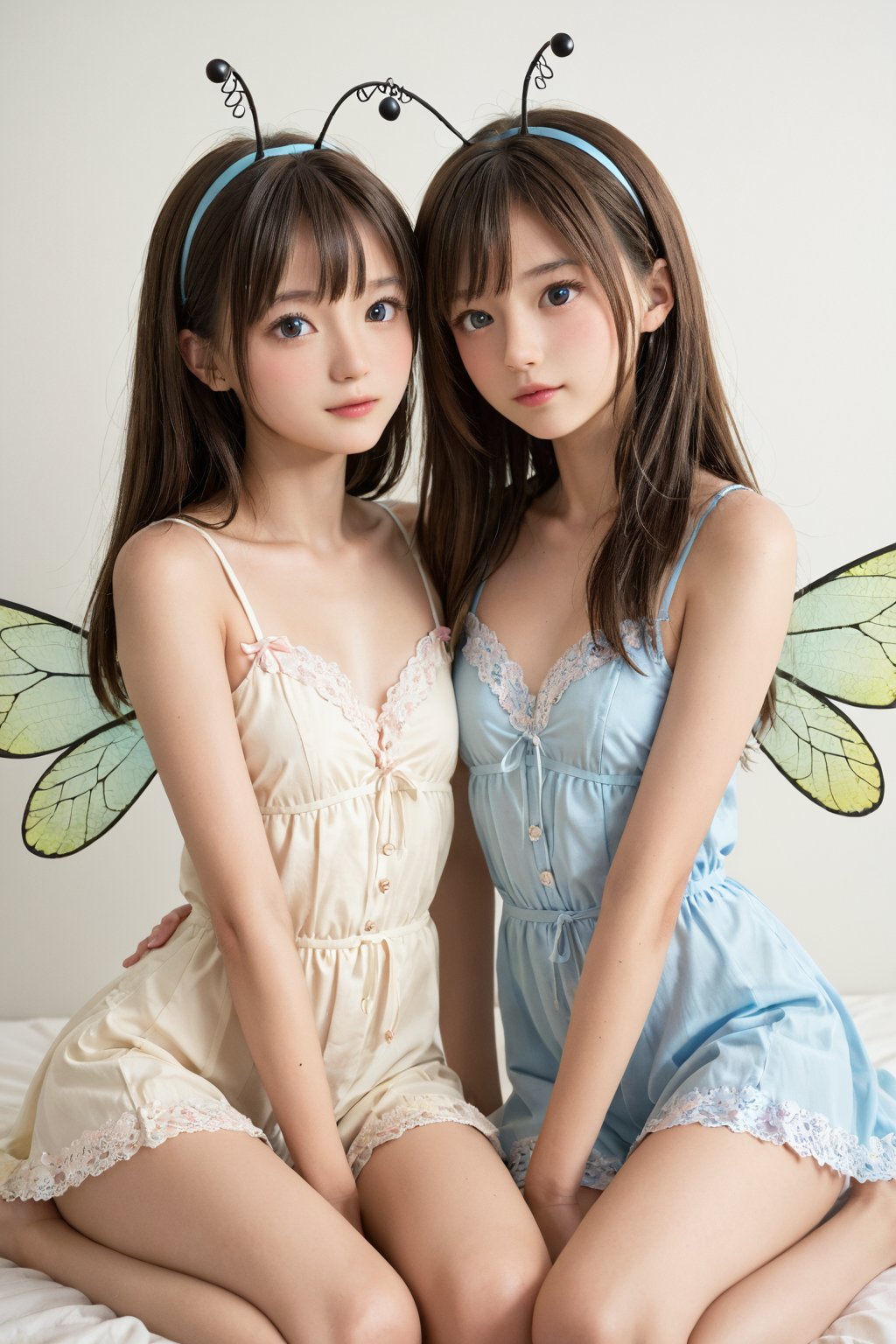 Softbox lit studio setting with a plain white background. Two young girls, around 8-10 years old, sit on opposite sides of the frame, dressed in matching cicada costumes complete with shiny exoskeletons and delicate wings. They strike adorable poses, one giggling as she holds her antennae, the other posing with her wings slightly askew. The warm lighting accentuates their bright smiles and sparkling eyes.