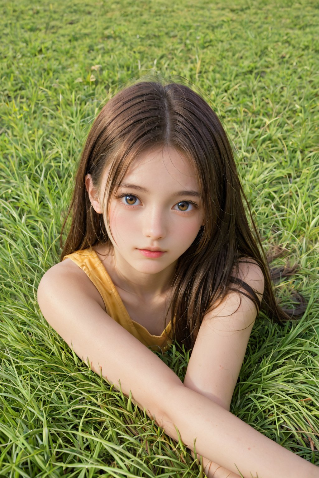 A young girl rests on a sun-drenched meadow, late summer's warmth fading into golden hues. She lies prone, her chin cradled in the palm of her hand, a sweet, contemplative pose. The soft grass beneath her whispers secrets as she gazes out at the waning wildflowers.