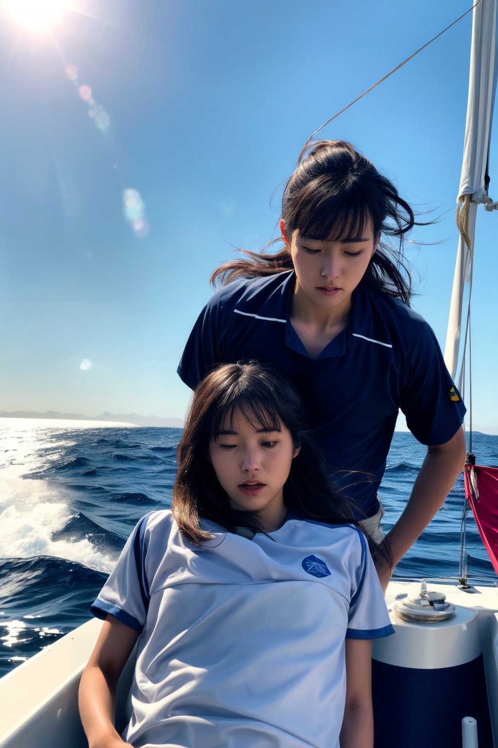 A thrilling mixed doubles sailing competition on a sunny day at sea. The camera captures a close-up shot of two sailors, one man and one woman, leaning over the edge of the yacht's deck as they work together to balance their vessel in choppy waters. The man's eyes are fixed intently on the horizon, while the woman's gaze is downward, her hand grasping the sail for support. The sea spray creates a misty veil around them, adding to the sense of urgency and teamwork.