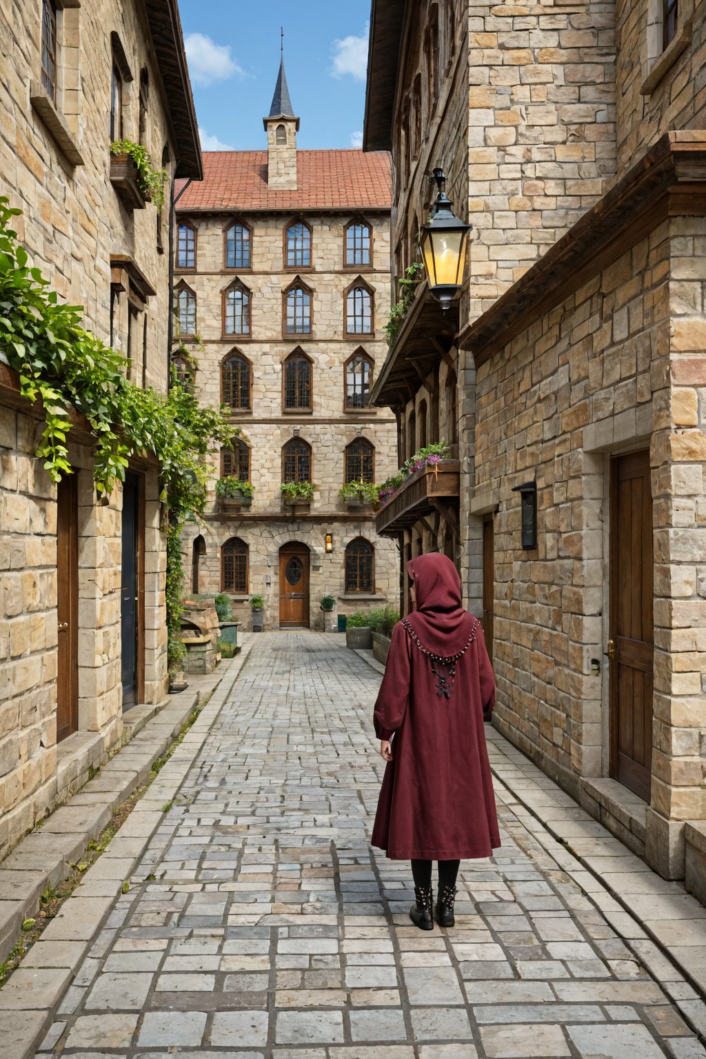 A bustling medieval European city street, with half-timbered buildings and ornate Gothic spires crowding the cobblestone road. The warm sun casts a golden glow on the worn stone pavement, as citizens in tunics and hoods hurry about their daily tasks. The air is thick with the smell of fresh bread and roasting meats.