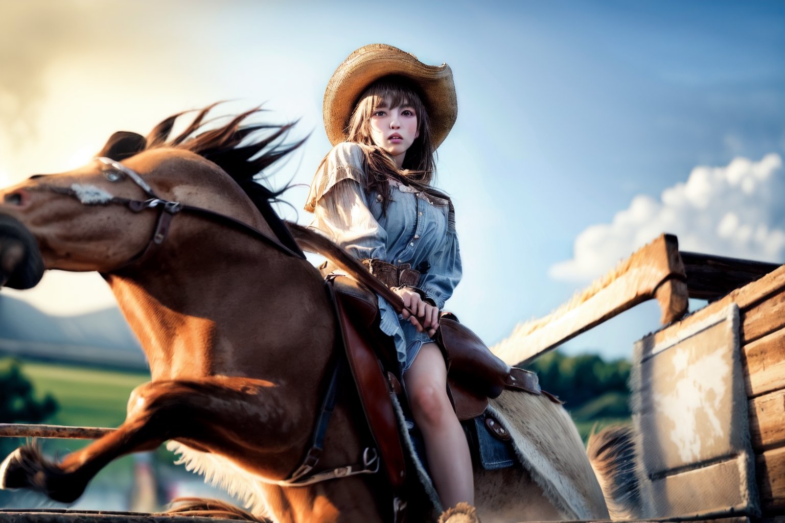 (Top Quality, High Resolution, Masterpiece: 1.2), Photorealistic, Detailed Faces, ultra-detailed,Cowgirl, rodeo tournament, (((girl riding a rough horse))), cowboy hat, pistol, full body