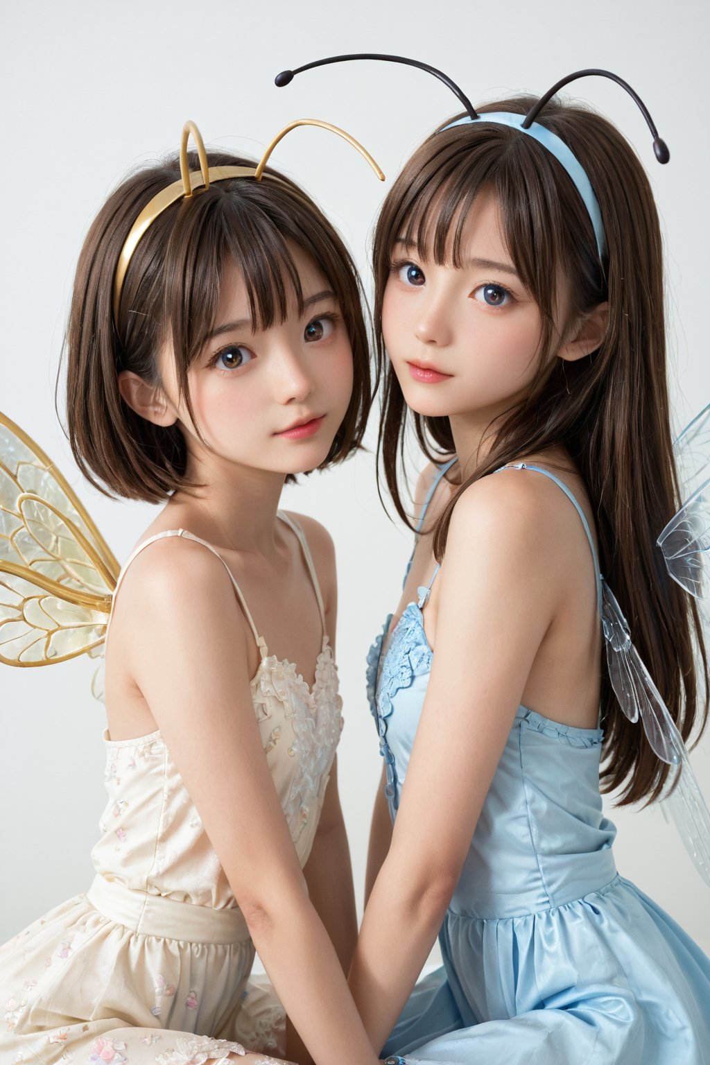 Softbox lit studio setting with a plain white background. Two young girls, around 8-10 years old, sit on opposite sides of the frame, dressed in matching cicada costumes complete with shiny exoskeletons and delicate wings. They strike adorable poses, one giggling as she holds her antennae, the other posing with her wings slightly askew. The warm lighting accentuates their bright smiles and sparkling eyes.