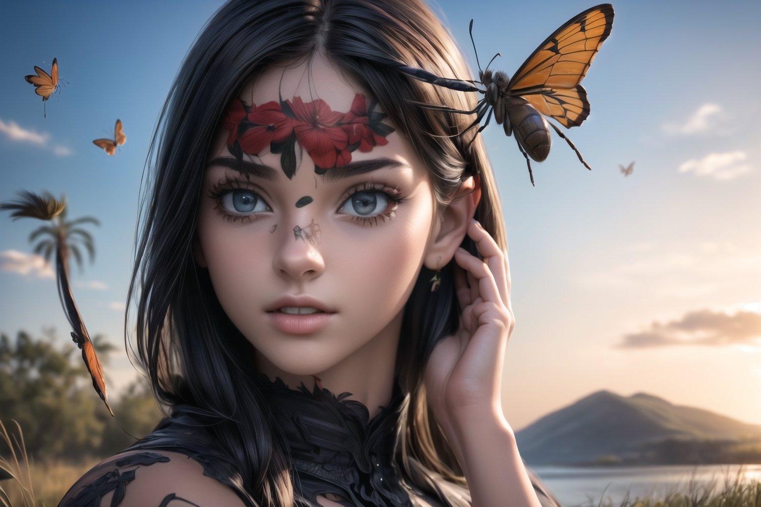 (sharp focus),  (award winning),  (extremely detailed),  (best quality, 4k, 8k, highres, masterpiece:1.2), ultra-detailed, (realistic, photorealistic, photo-realistic:1.37), a girl playing with ((big insects)), outdoor, sky,Sara